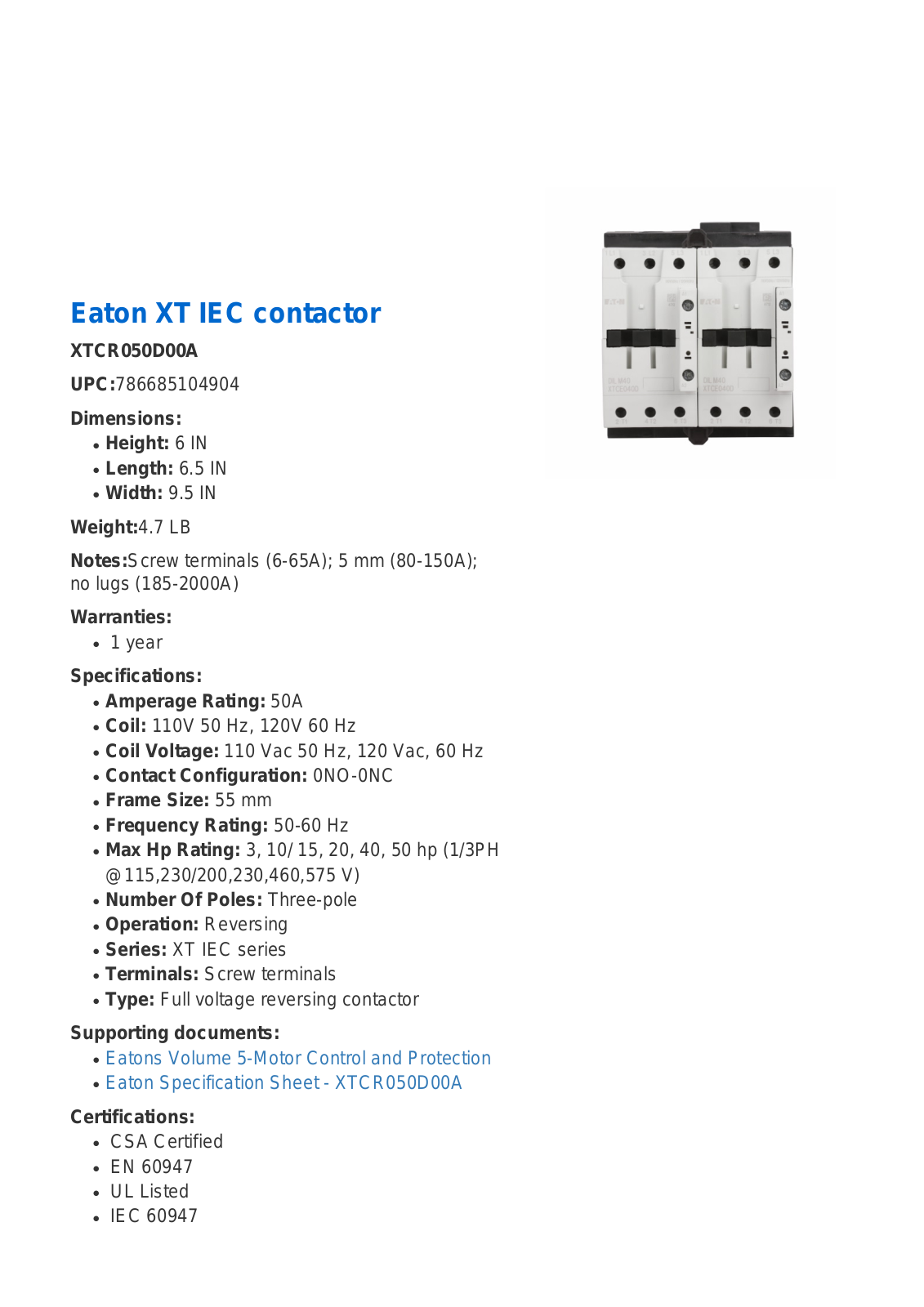 Cutler Hammer, Div of Eaton Corp XTCR050D00A Data Sheet