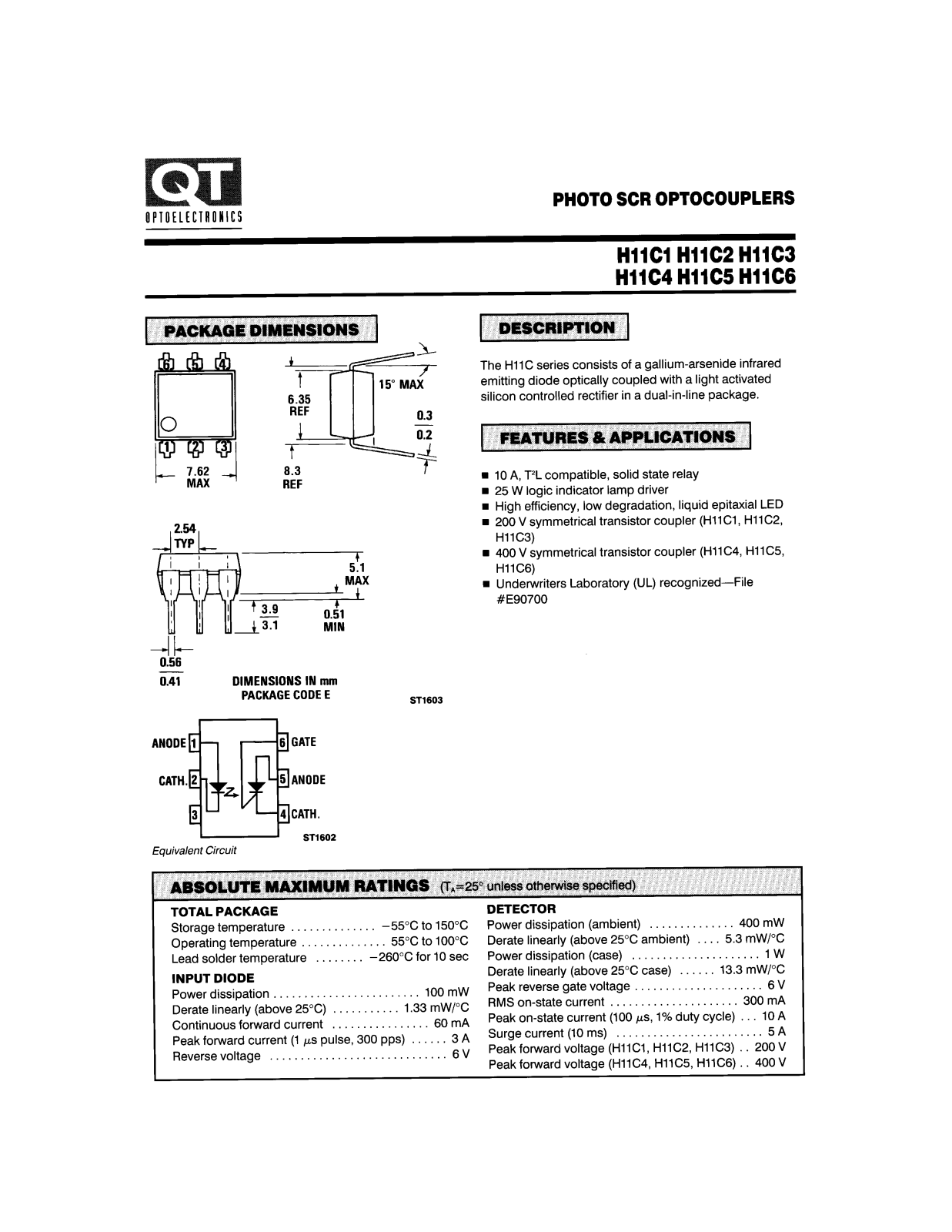 QT H11C3, H11C2, H11C1, H11C6, H11C5 Datasheet