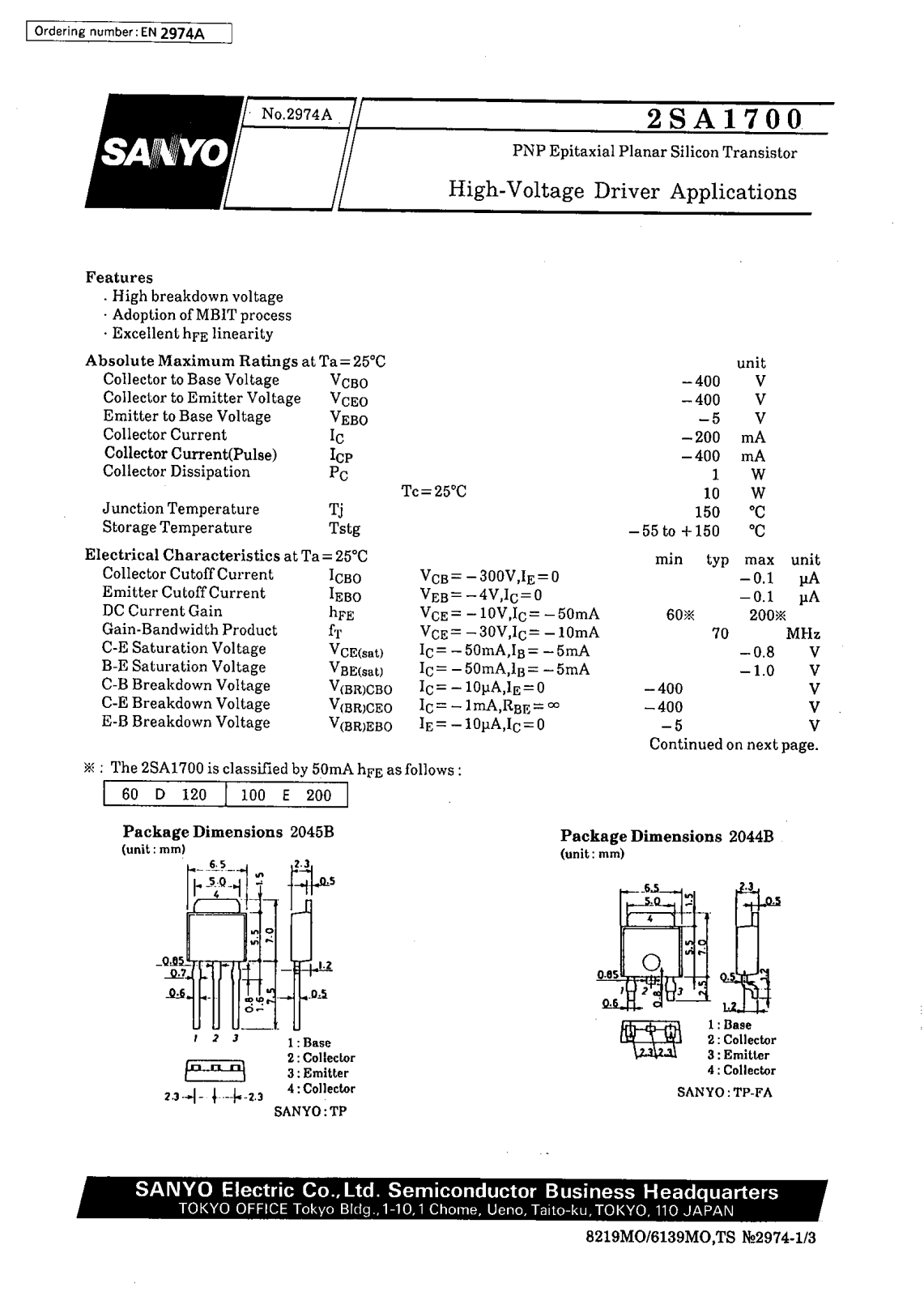 SANYO 2SA1700 Datasheet