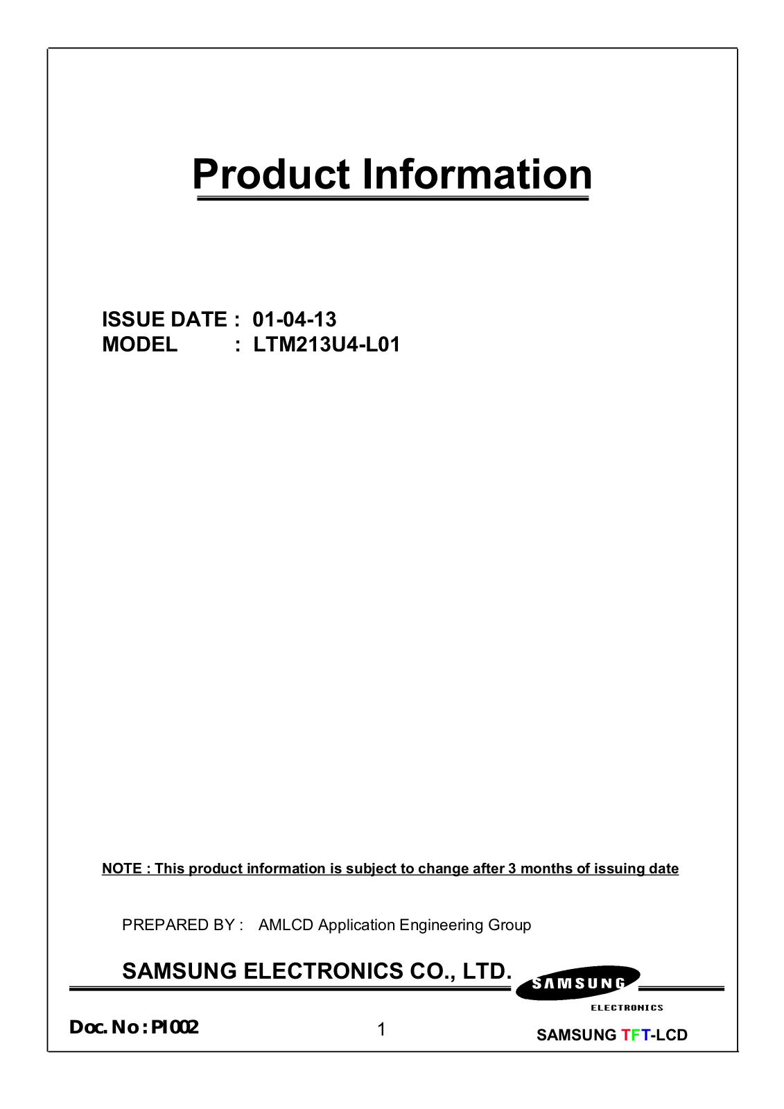 SAMSUNG LTM213U4-L01 Specification