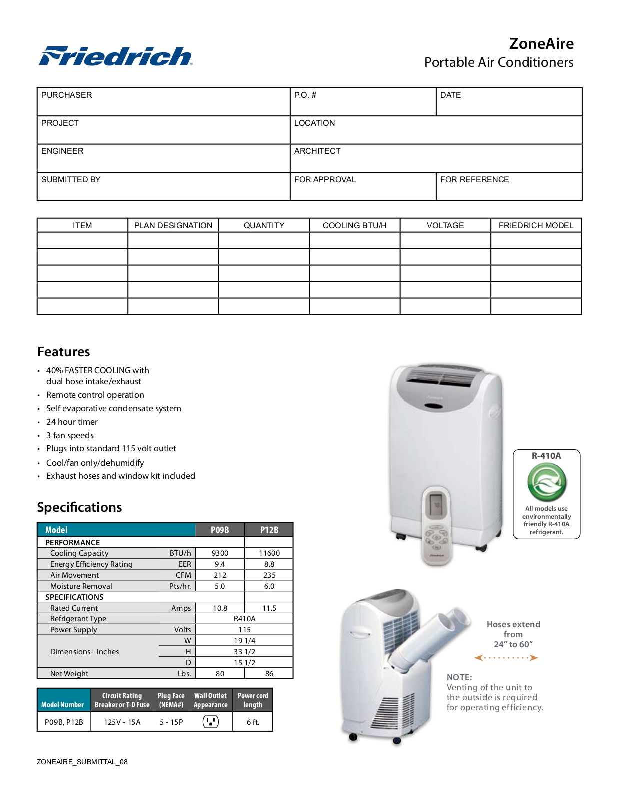 Friedrich P12B Submittal Data