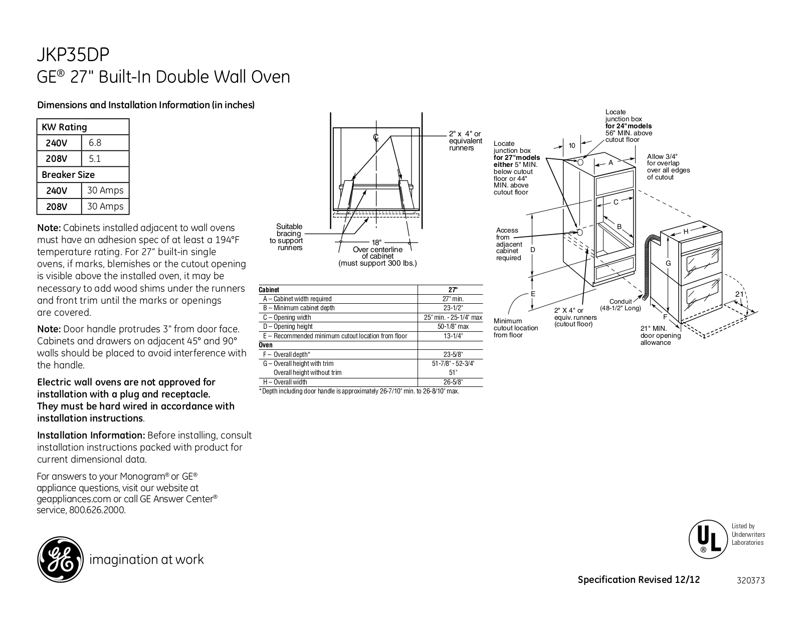 GE JKP35DP Specification