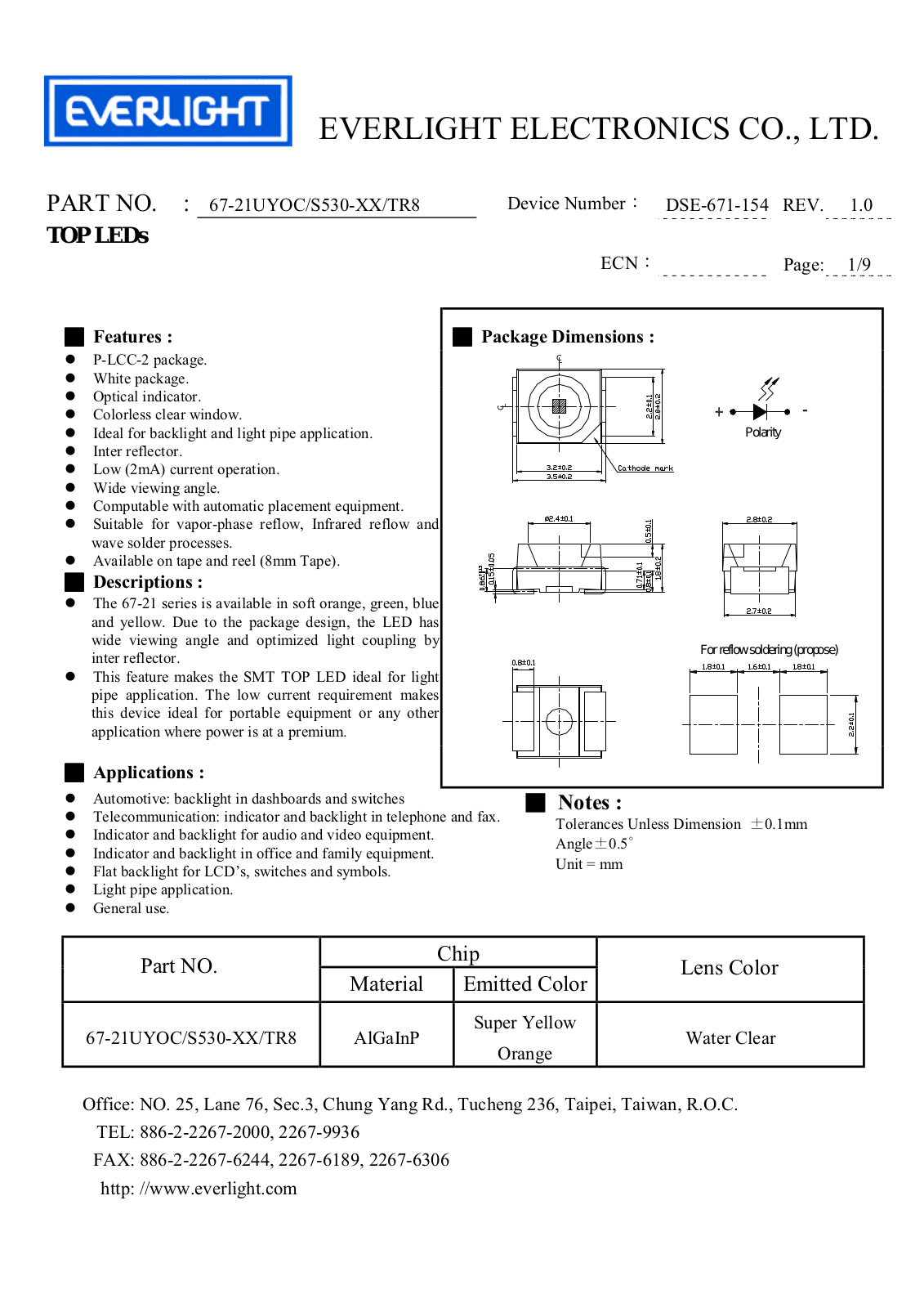 EVERLIGHT EVL 67-21UYOC Datasheet - ManualMachine.com