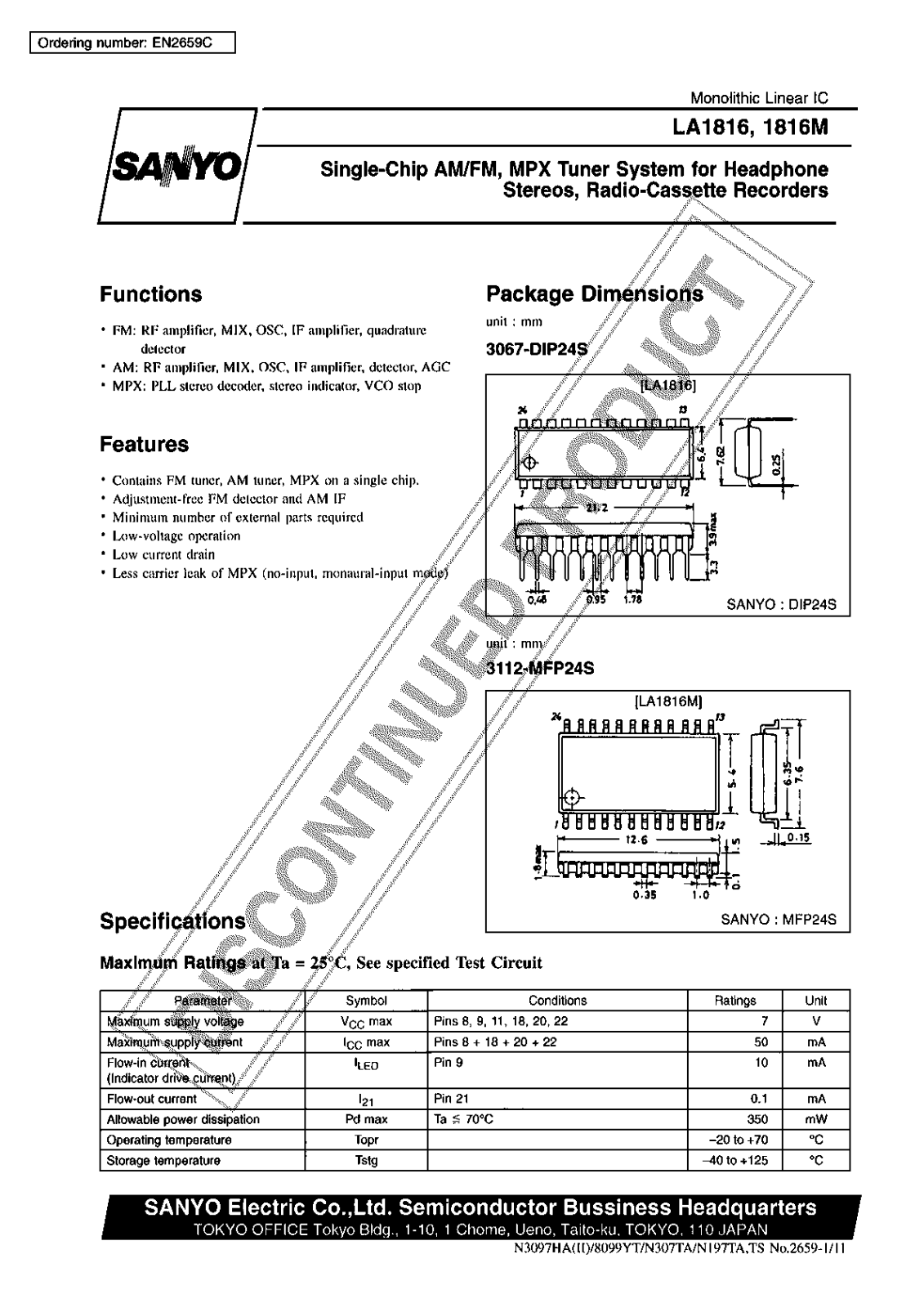 Sanyo LA1816M Specifications