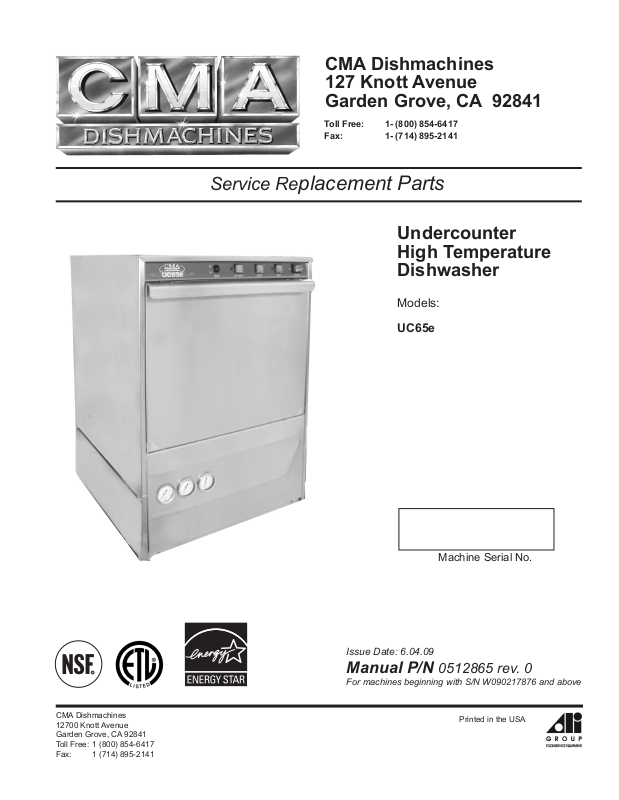 CMA Dishmachines UC65E Service Manual