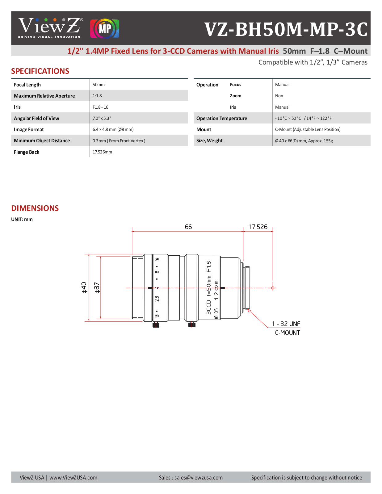 ViewZ VZ-BH50M-MP-3C Specsheet