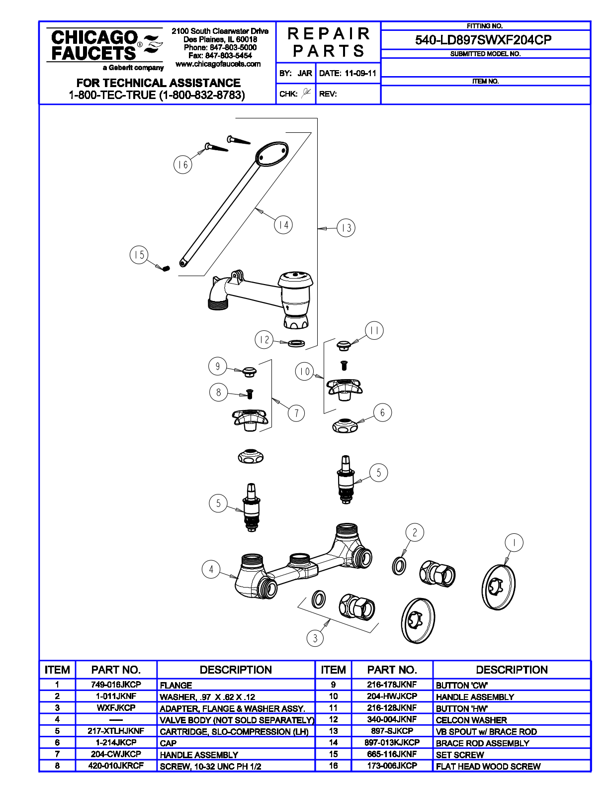 Chicago Faucet 540-LD897SWXF204CP Parts List