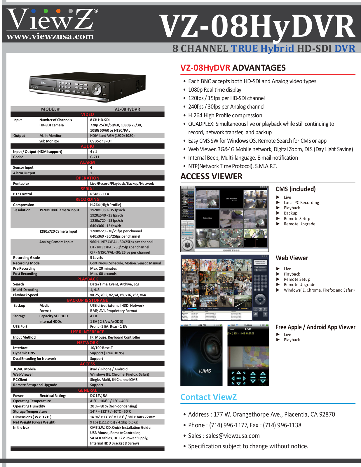 ViewZ VZ-08HyDVR-2, VZ-08HyDVR-2D, VZ-08HyDVR-3, VZ-08HyDVR-3D, VZ-08HyDVR-6 Specsheet