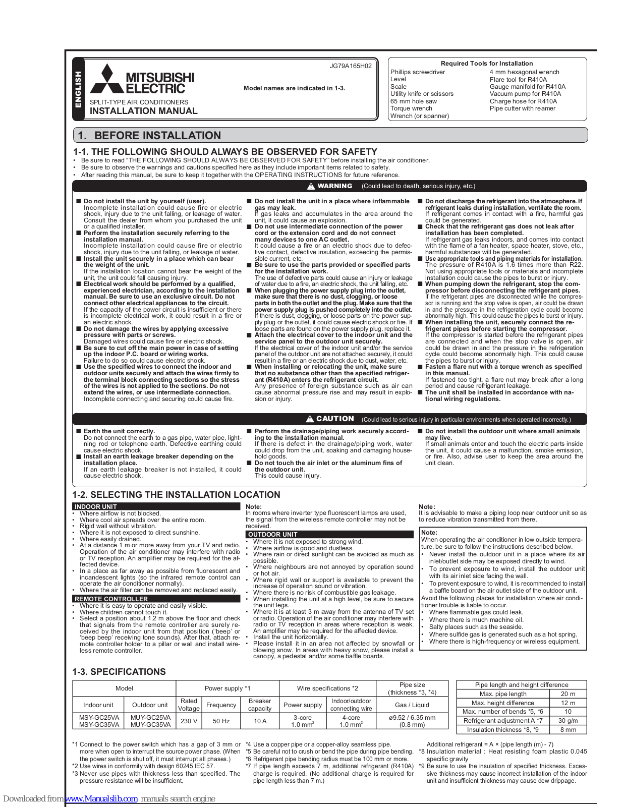 Mitsubishi Electric MSY-GC25VA, MSY-GC35VA, MUY-GC25VA, MUY-GC35VA Installation Manual