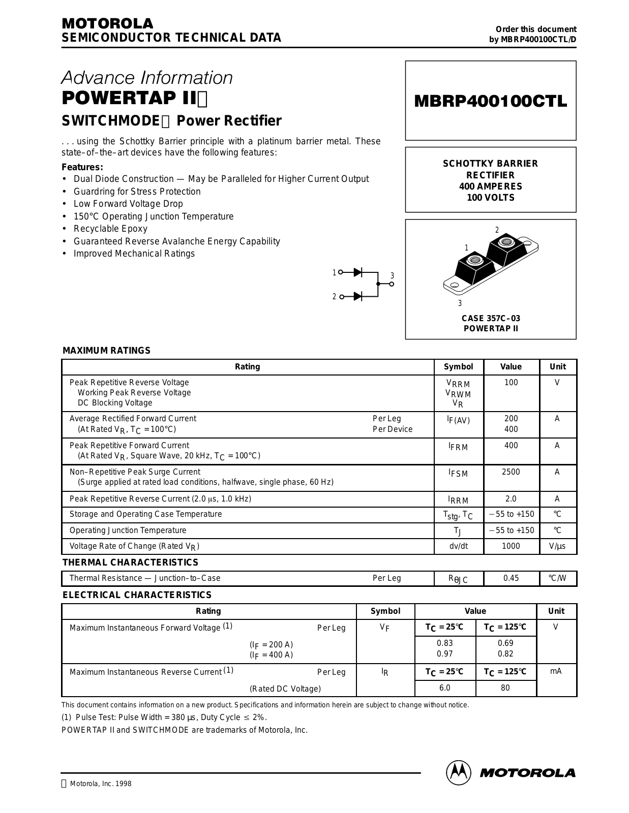 Motorola MBRP400100CTL Datasheet