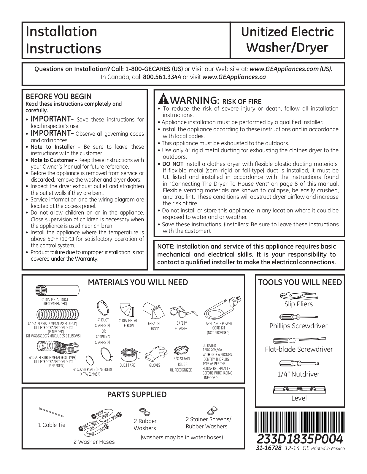 GE GUD27ESMMWW, GUD24ESMMWW, GUD37ESMMDG Installation Instructions