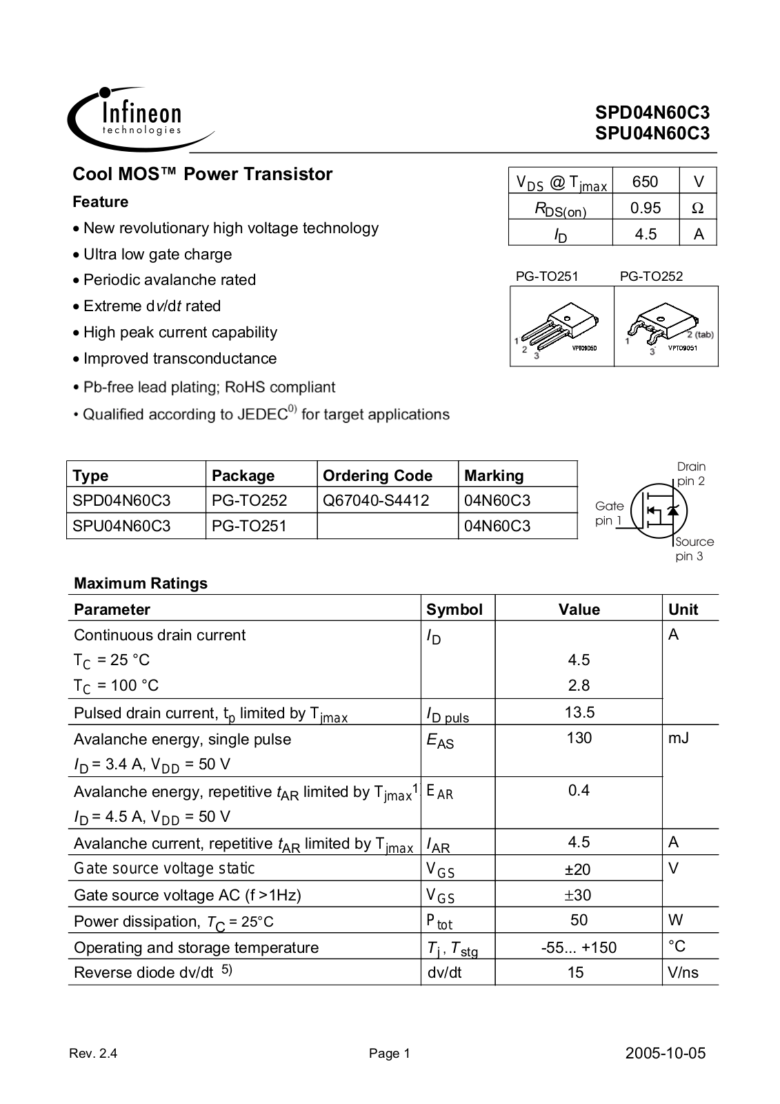 INFINEON SPD04N60C3, SPU04N60C3 User Manual