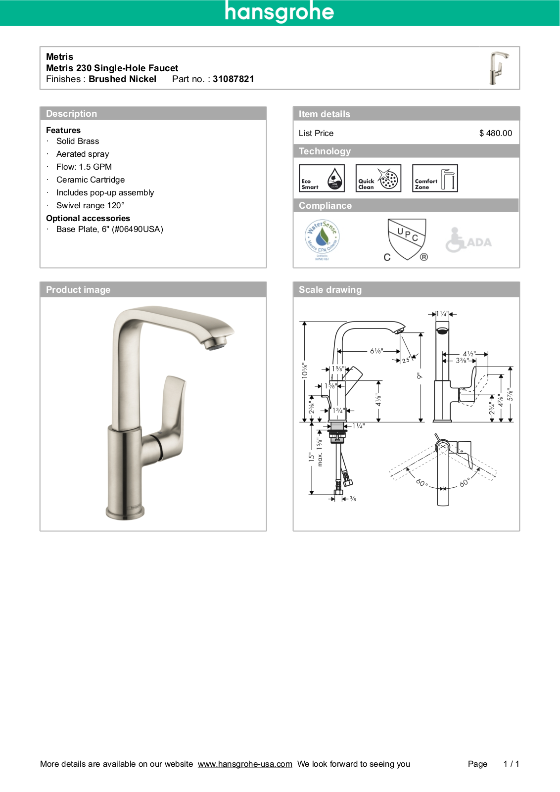 Hansgrohe 31087821 Specs