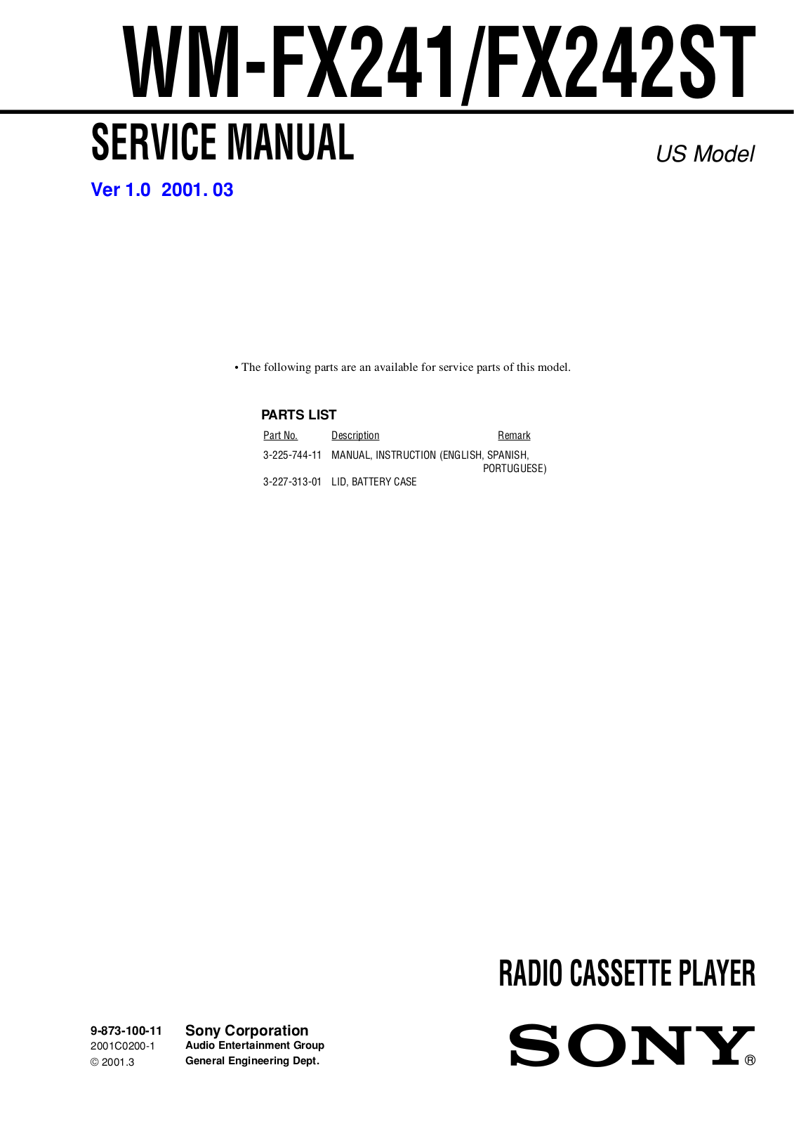 Sony WM-FX241, WM-FX242ST Service Manual