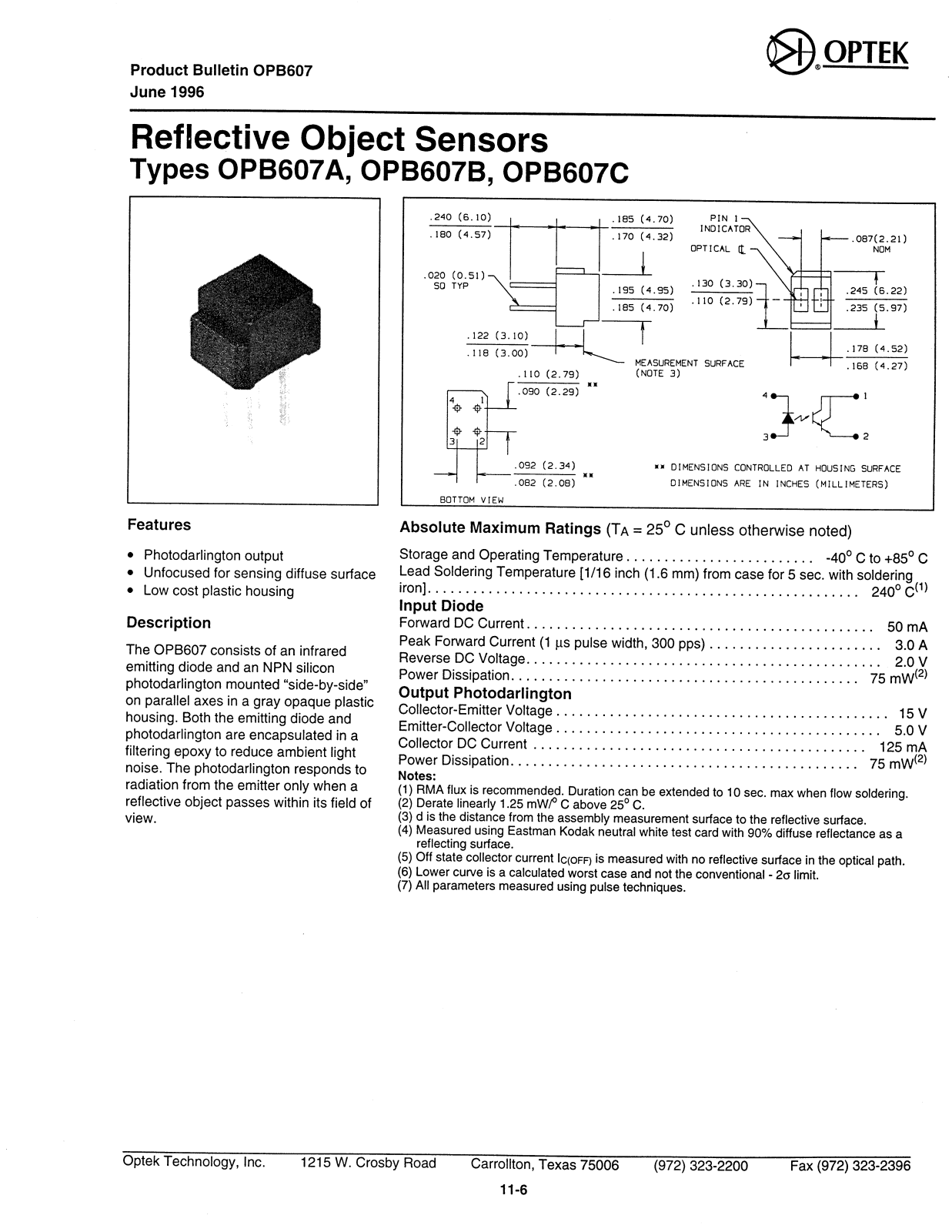 OPTEK OPB607C, OPB607A, OPB607B Datasheet