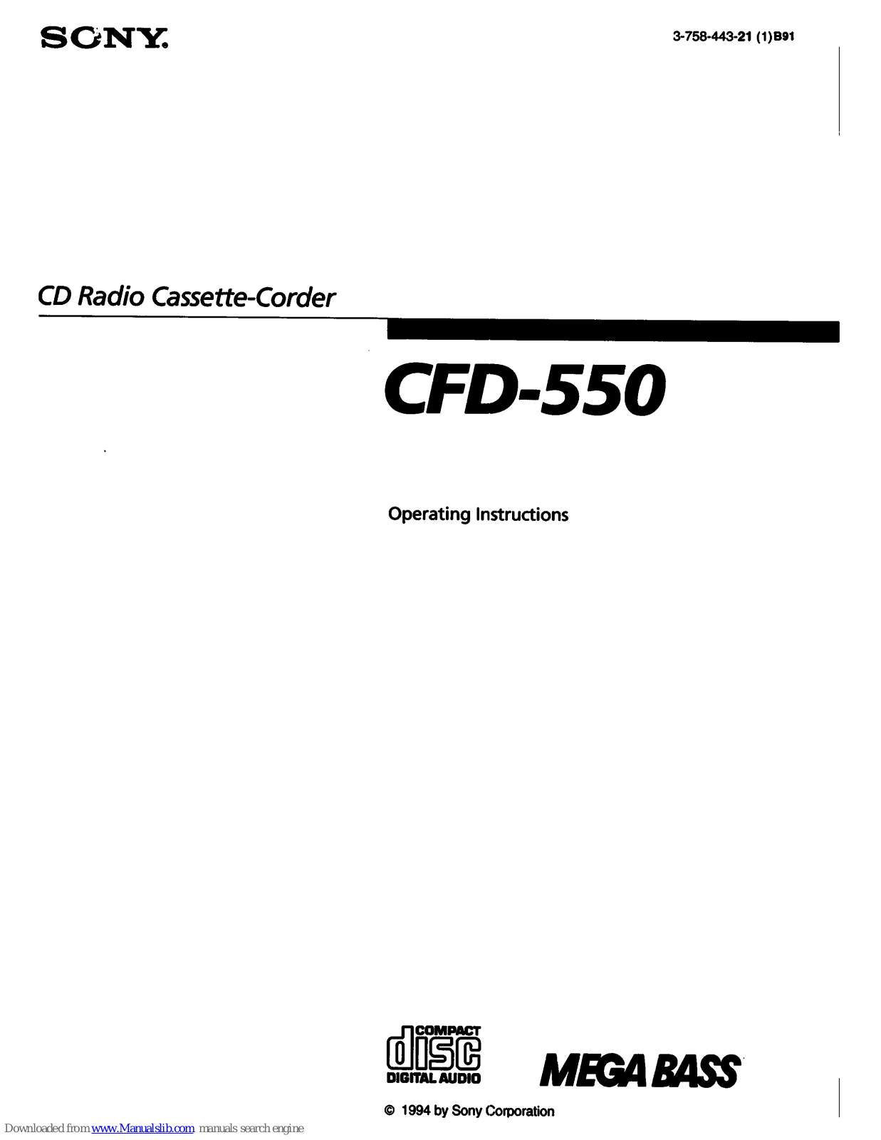 Sony Mega Bass CFD-550, CFS-D550 - Mega Bass Cassette-corder User Manual