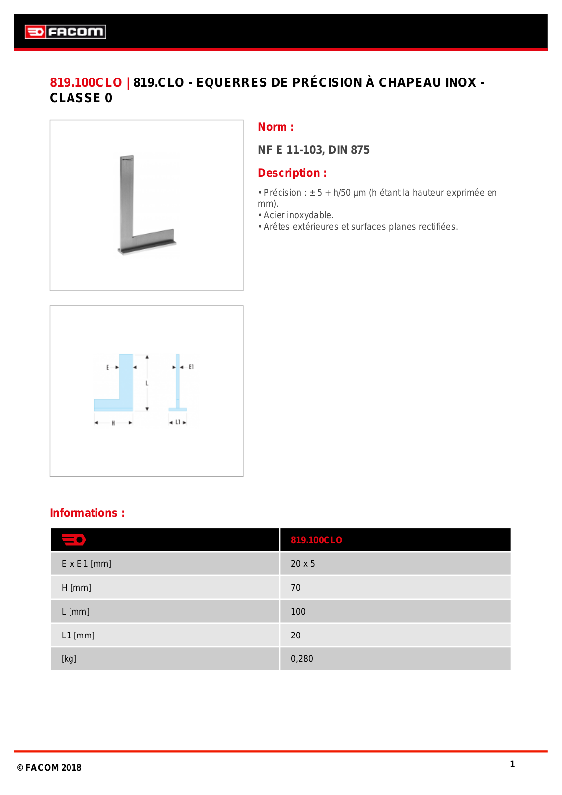 Facom 819.100CLO Specification - ManualMachine.com