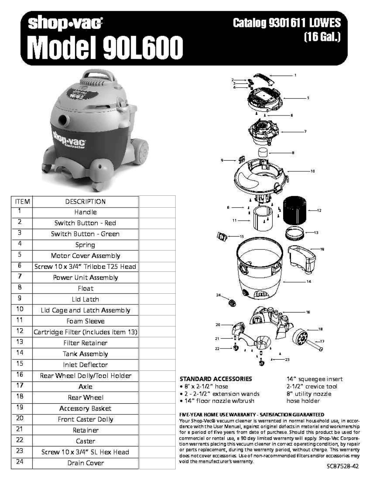 Shop Vac 90l600 Owner's Manual