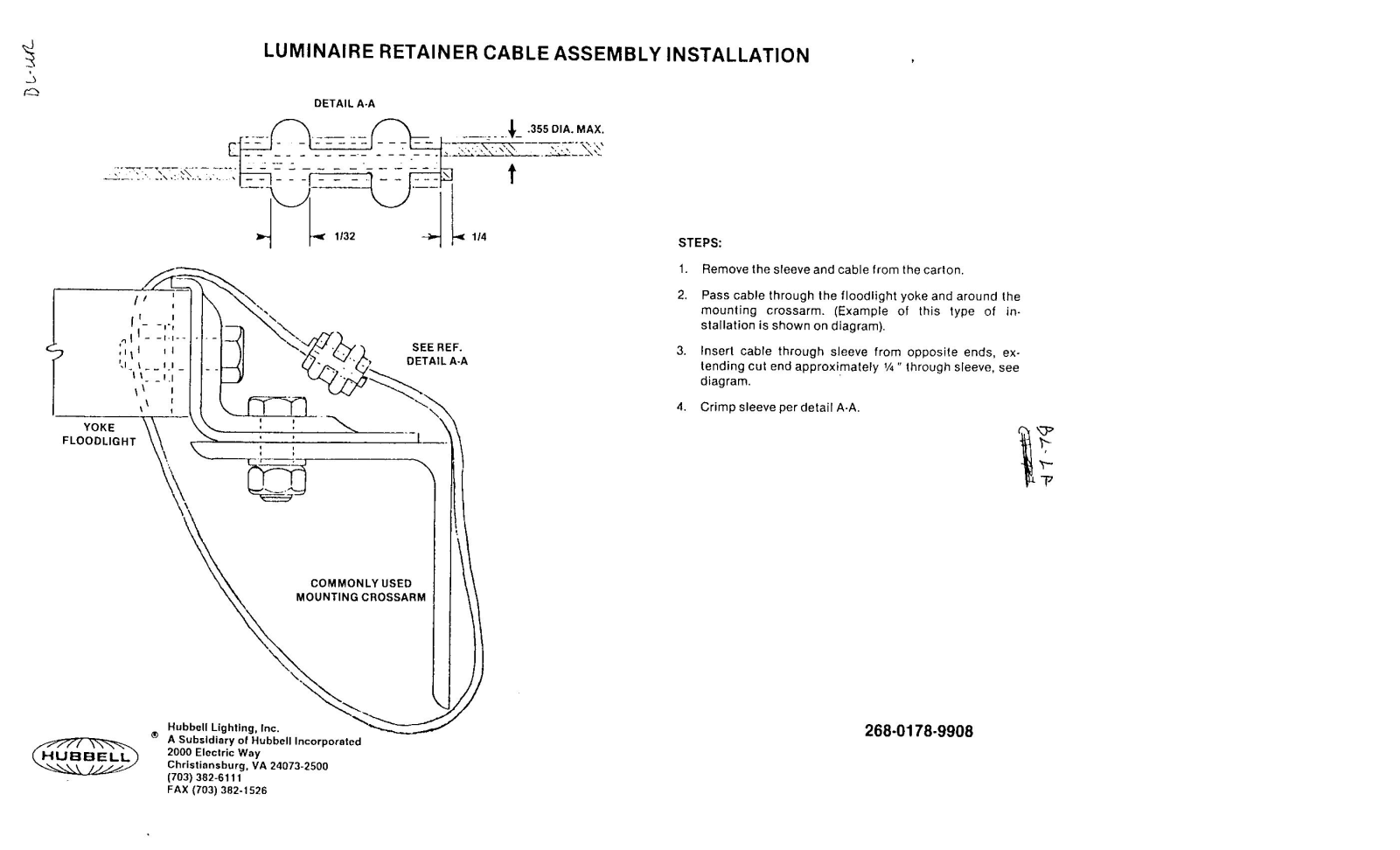 Hubbell Lighting LRKNB0-5, BL-LR, LUM RETAIN-CABLE ASSEM, LR-30 User Manual