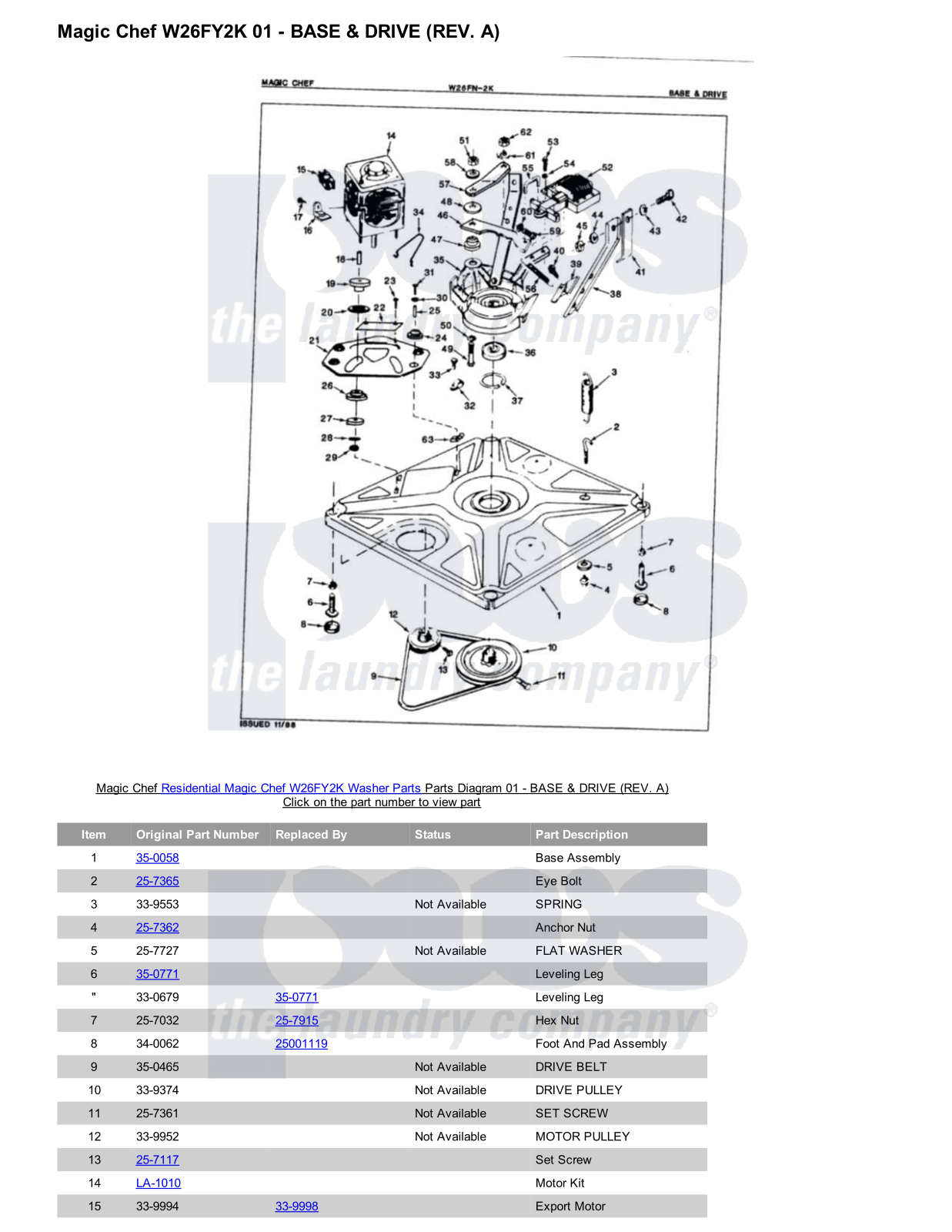 Magic Chef W26FY2K Parts Diagram