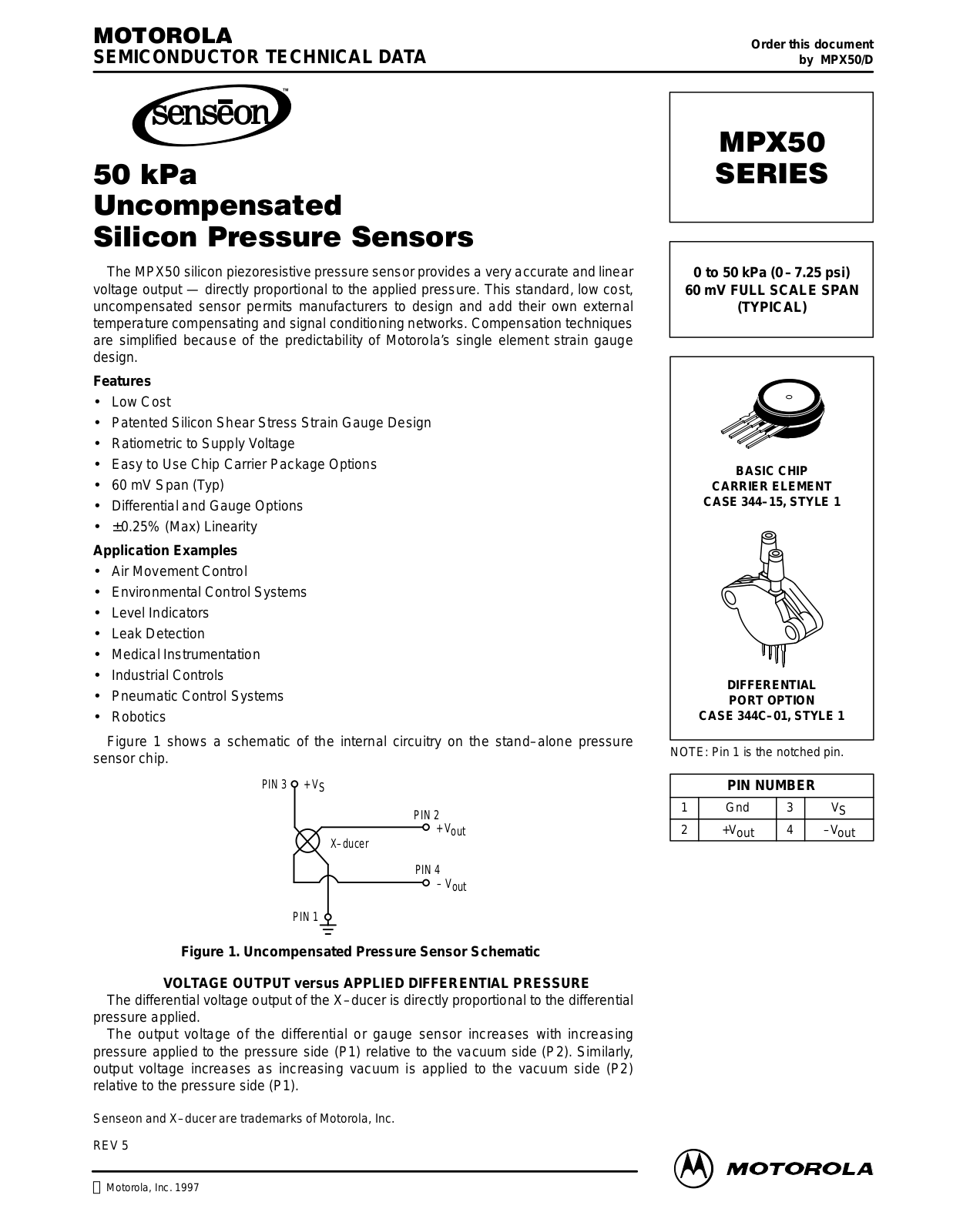 Motorola MPX50GVS, MPX50GVSX, MPX50GSX, MPX50D, MPX50DP Datasheet