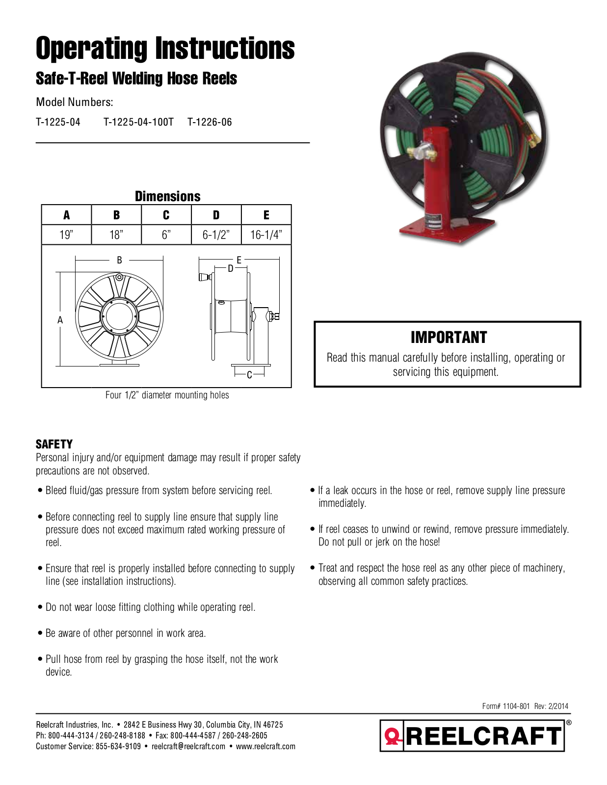 Reelcraft T-1225-04, T-1225-04-100T, T-1226-06 User Manual