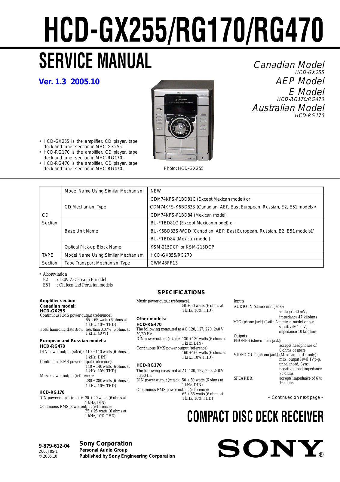 SONY HCD-GX255, HCD-RG170, HCD-RG470 Service Manual