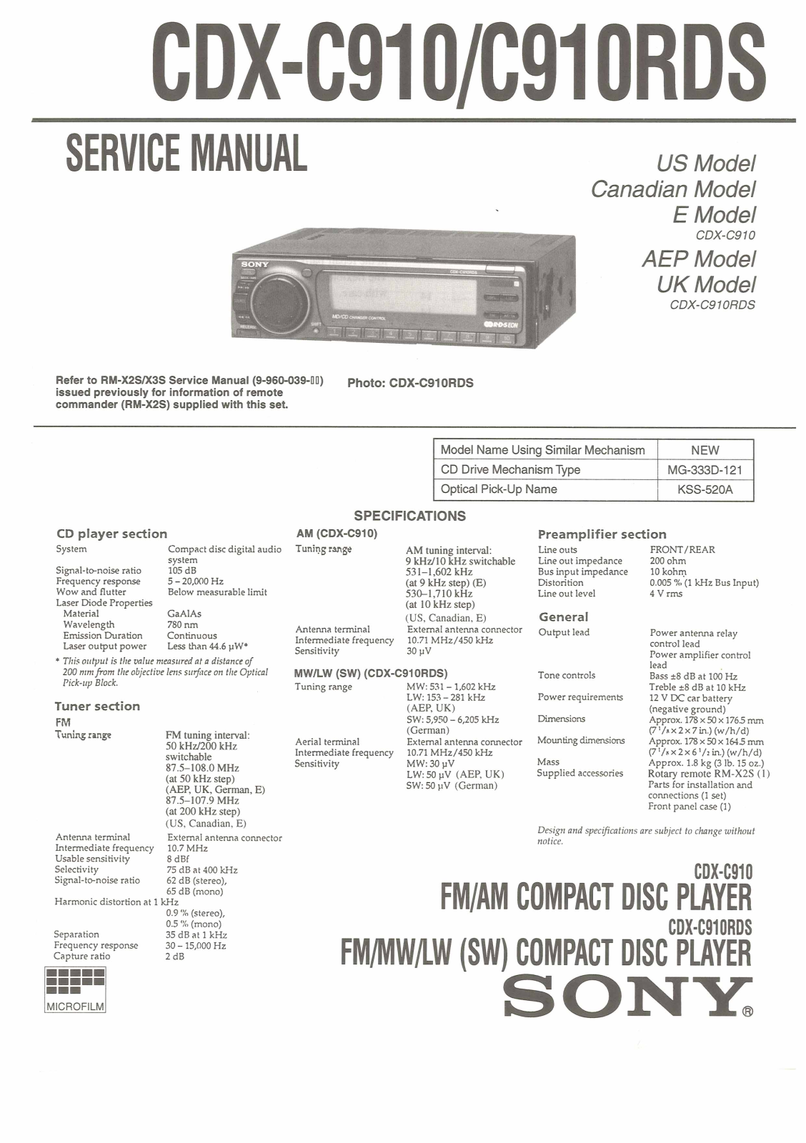 Sony CDX-910-RDS Service manual