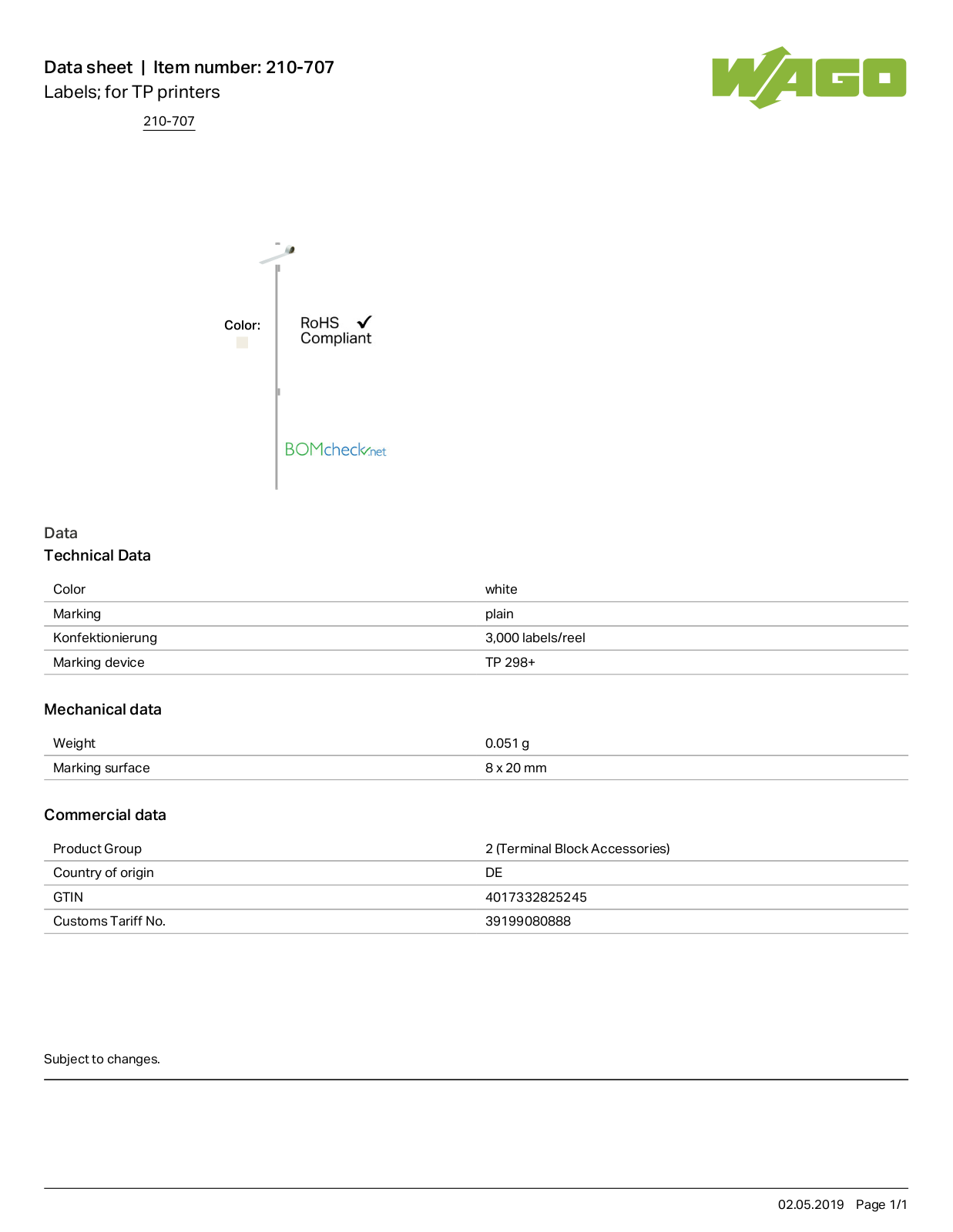 Wago 210-707 Data Sheet