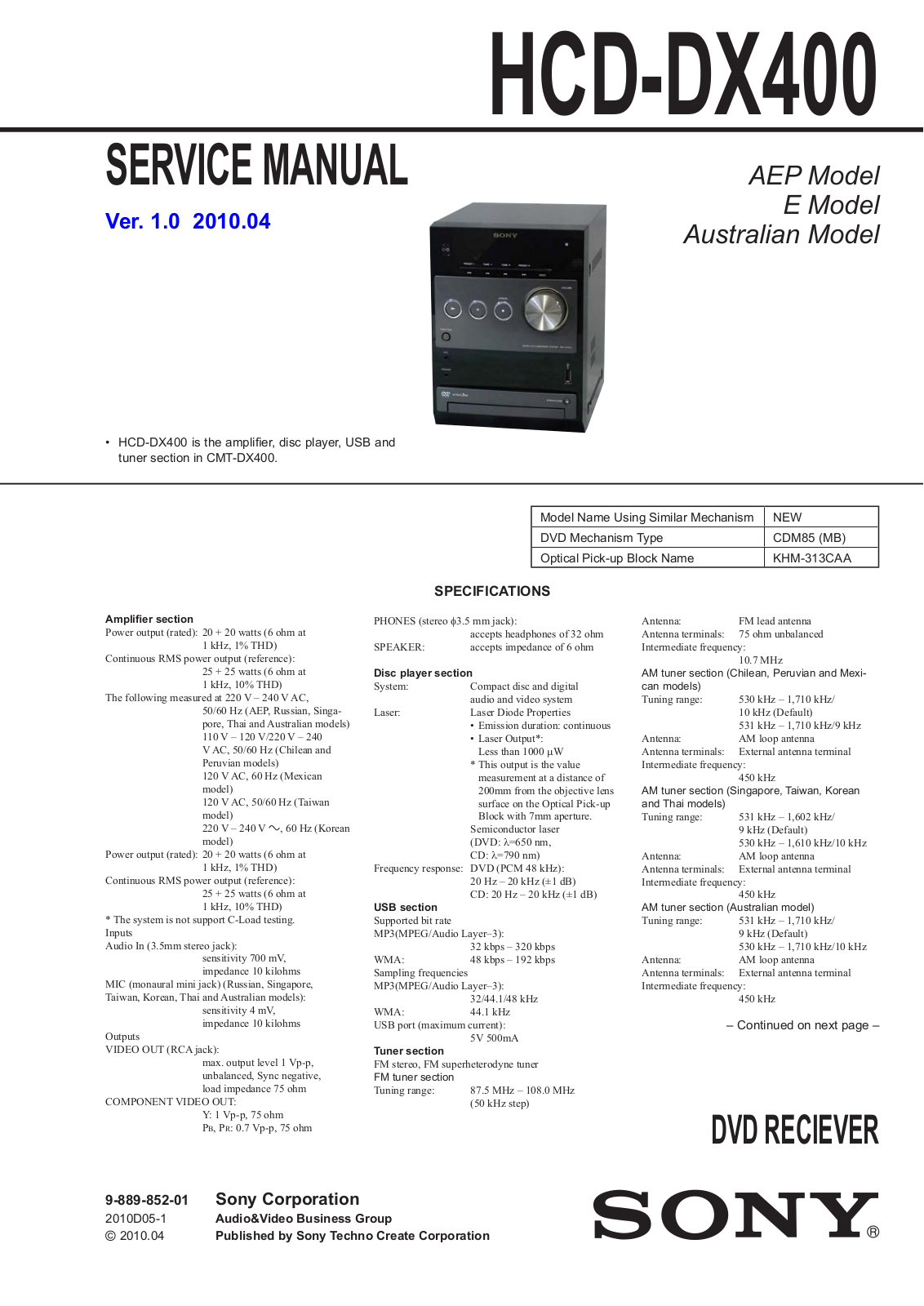 Sony HCD-DX400 Service Manual