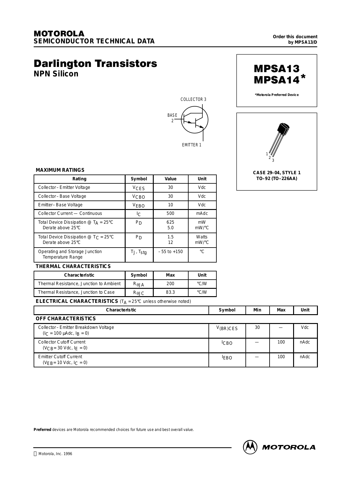 MOTOROLA MPSA14RLRM, MPSA13RLRP, MPSA13, MPSA14RLRP, MPSA14RLRA Datasheet