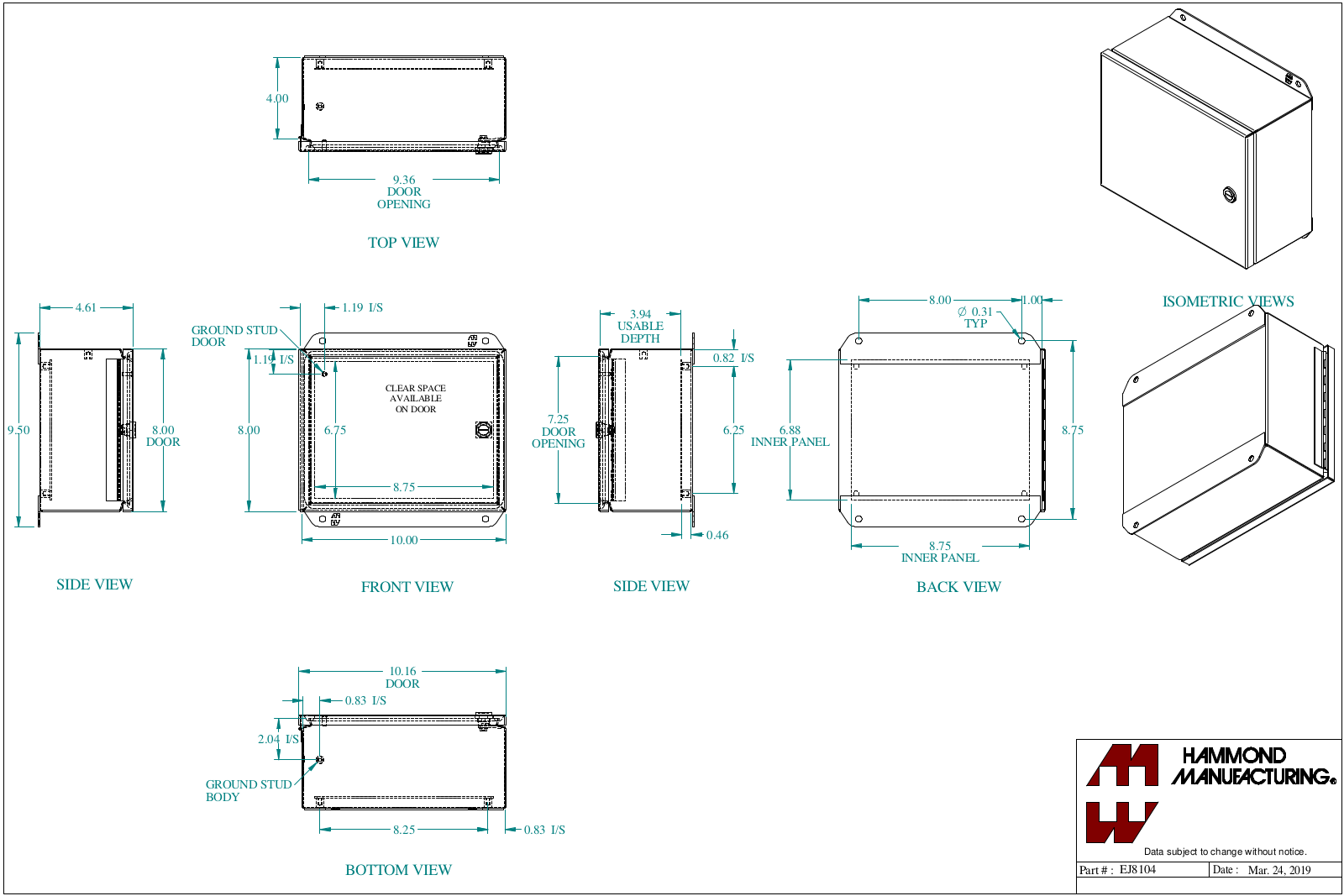 Hammond Manufacturing EJ8104 technical drawings