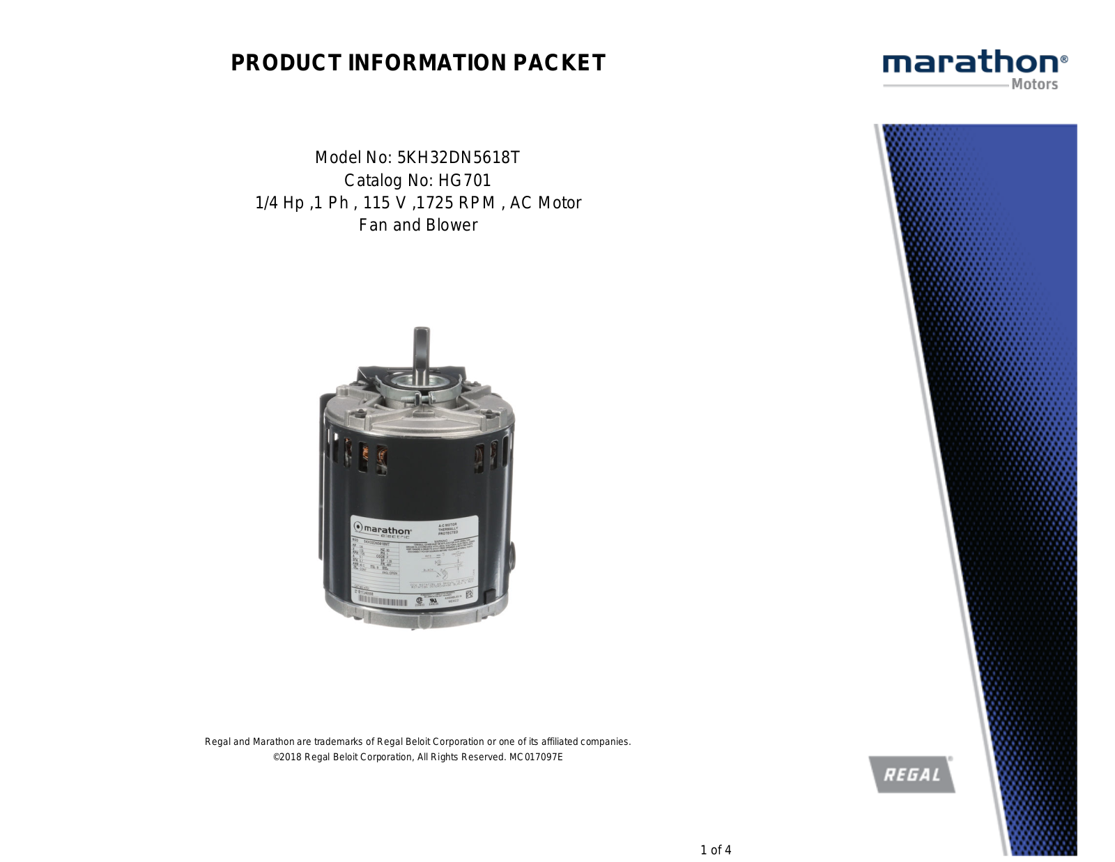 Marathon Electric 5KH32DN5618T Product Information Packet