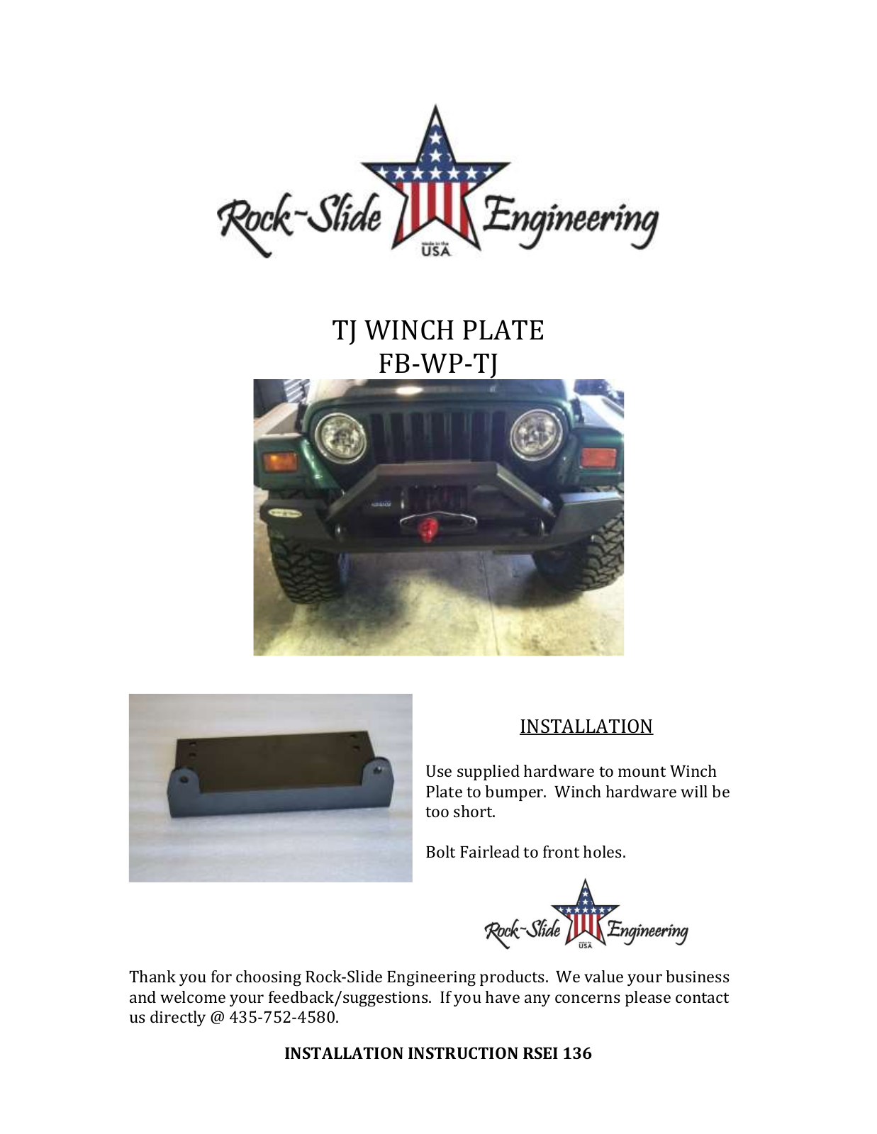 Rock-Slide Engineering TJ WINCH PLATE User Manual