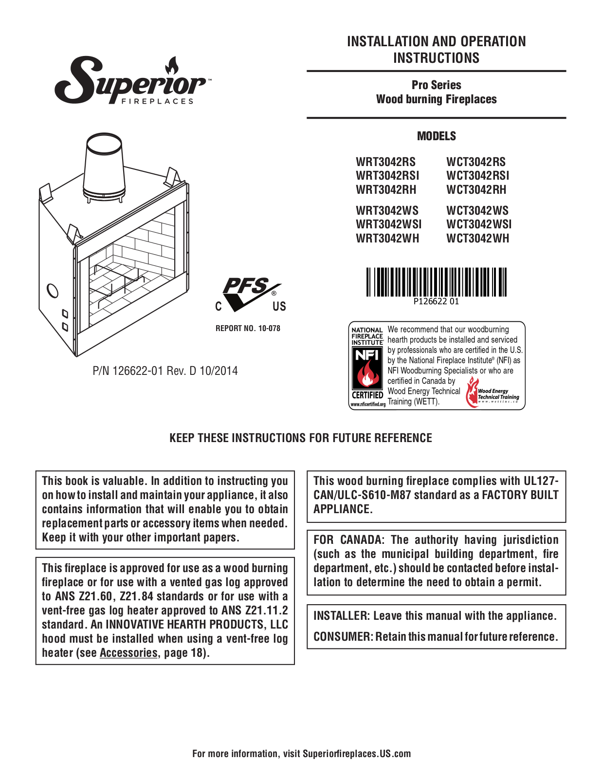 Superior WRT3042RS, WRT3042RSI, WRT3042RH, WCT3042WS, WCT3042WSI Installation And Operation Instructions Manual