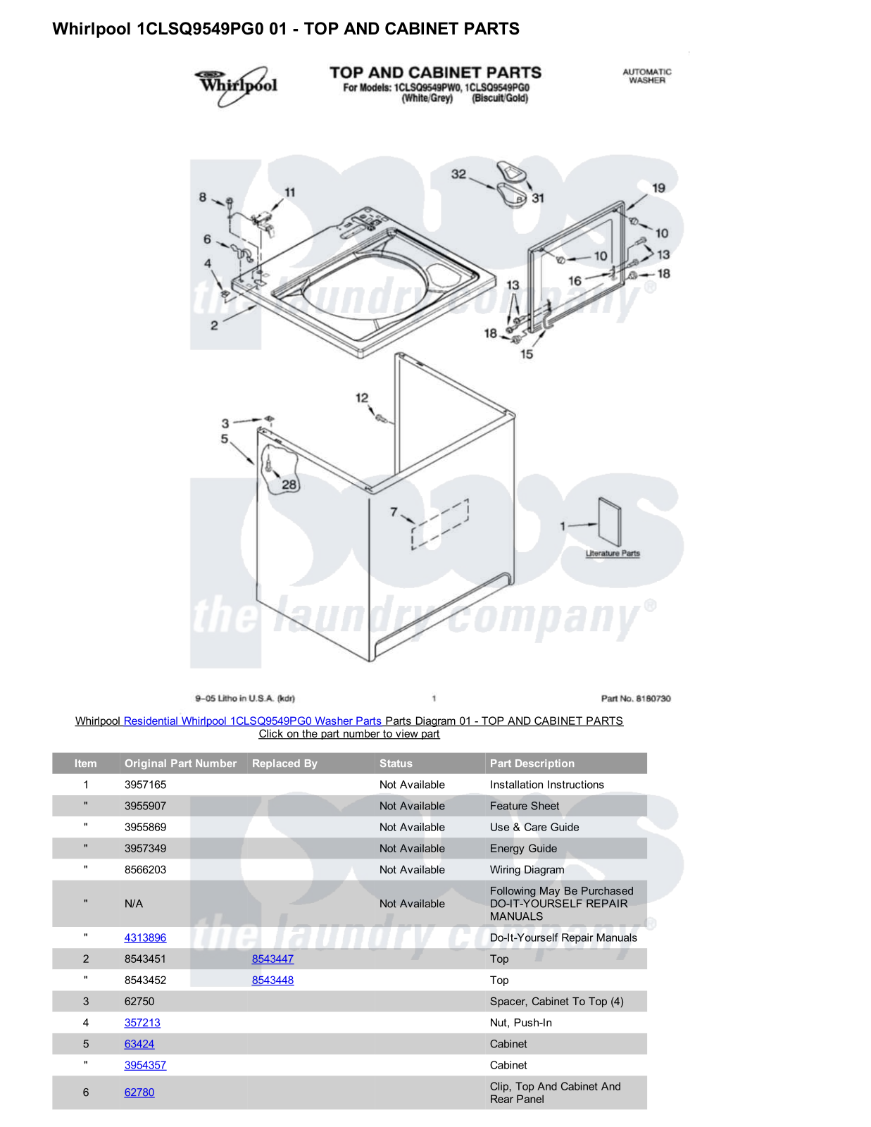 Whirlpool 1CLSQ9549PG0 Parts Diagram