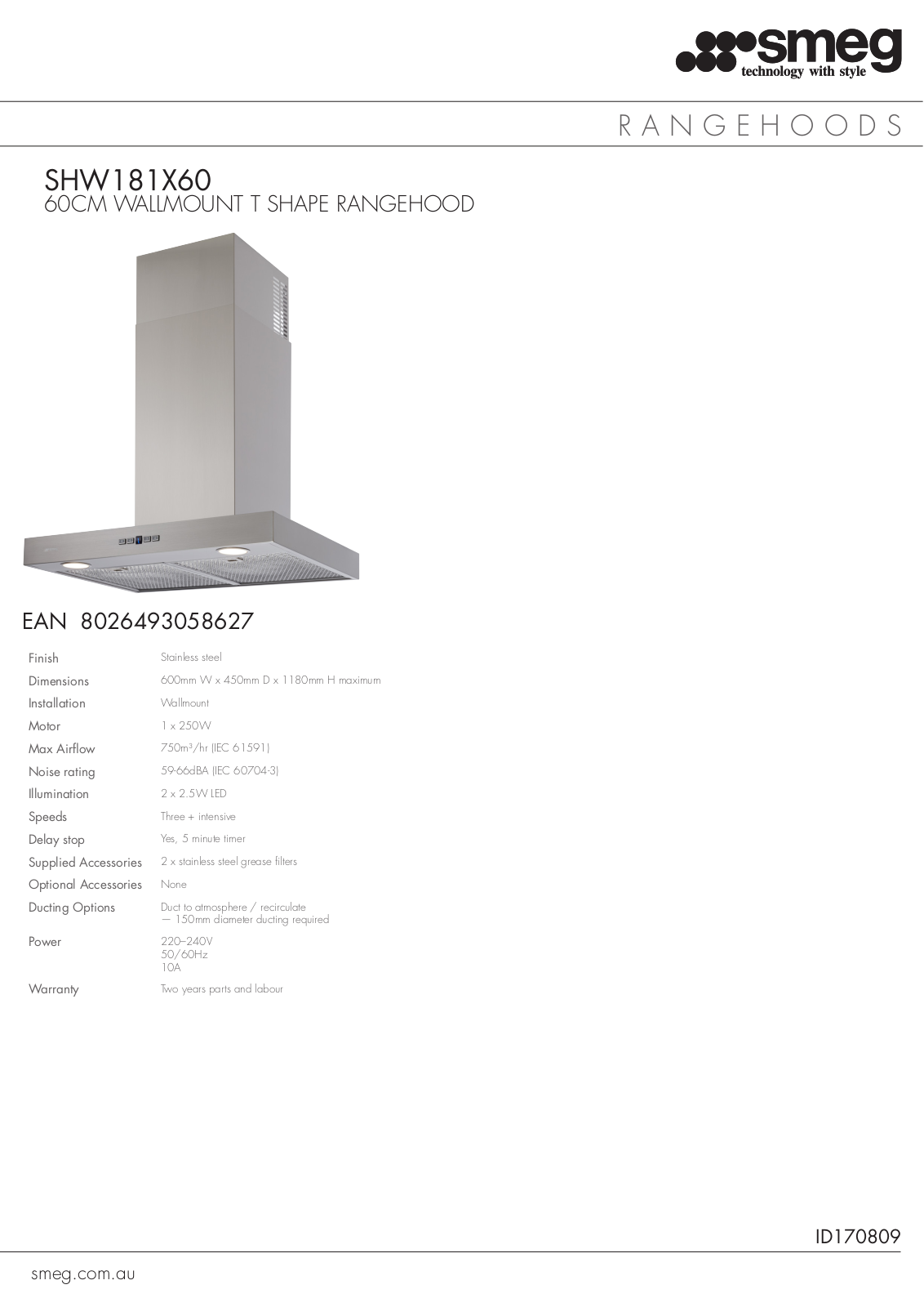 Smeg SHW181X60 Specifications Sheet