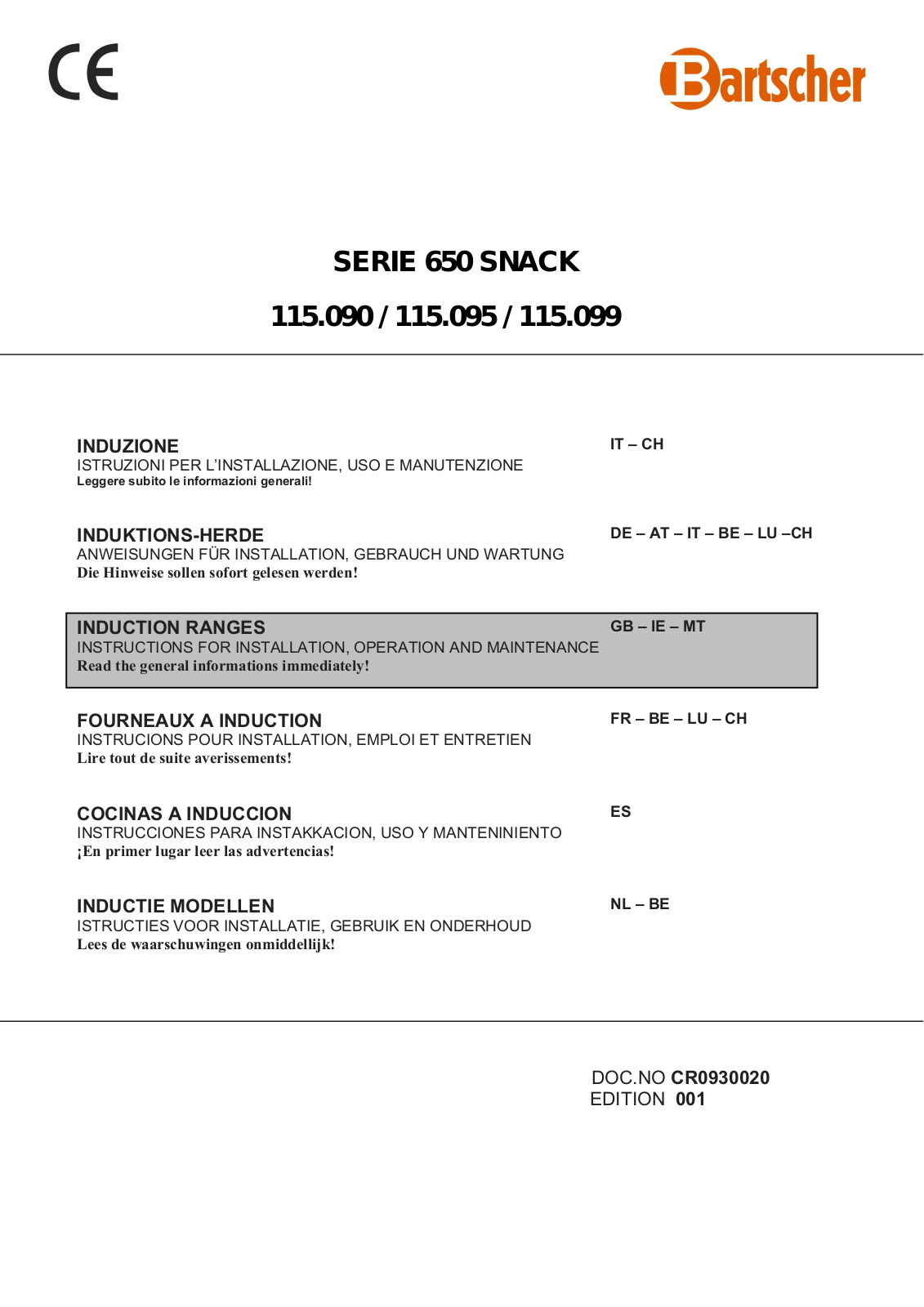 Bartscher 115.090, 115.095, 115.099 Instructions For Installation, Operation And Maintenance