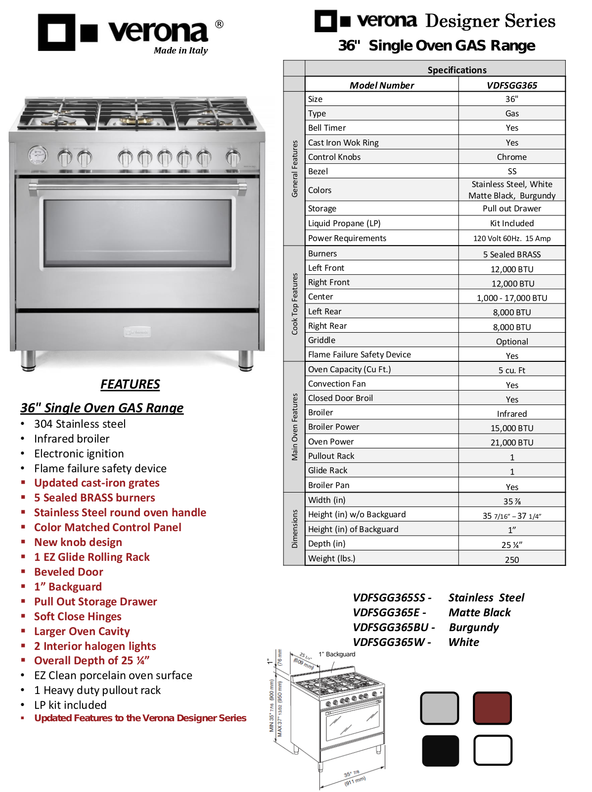 Verona VDFSGG365W Specs