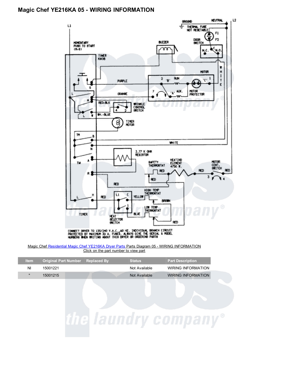 Magic Chef YE216KA Parts Diagram