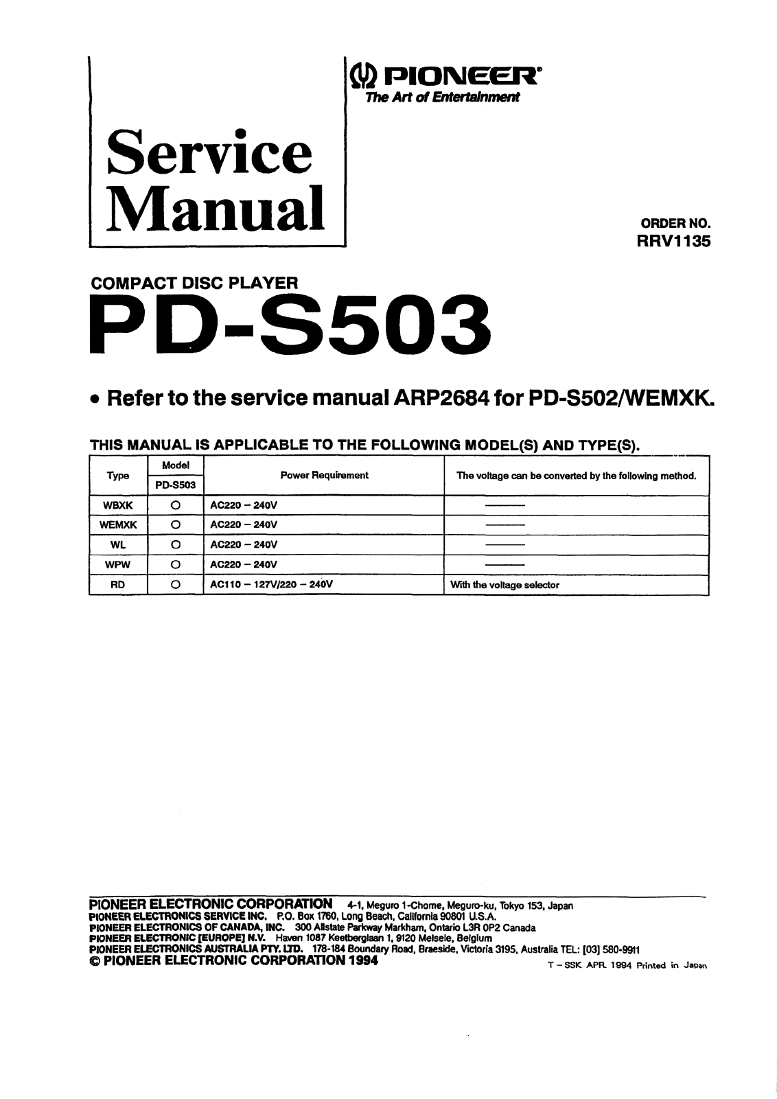 PIONEER PDS503 Service Manual