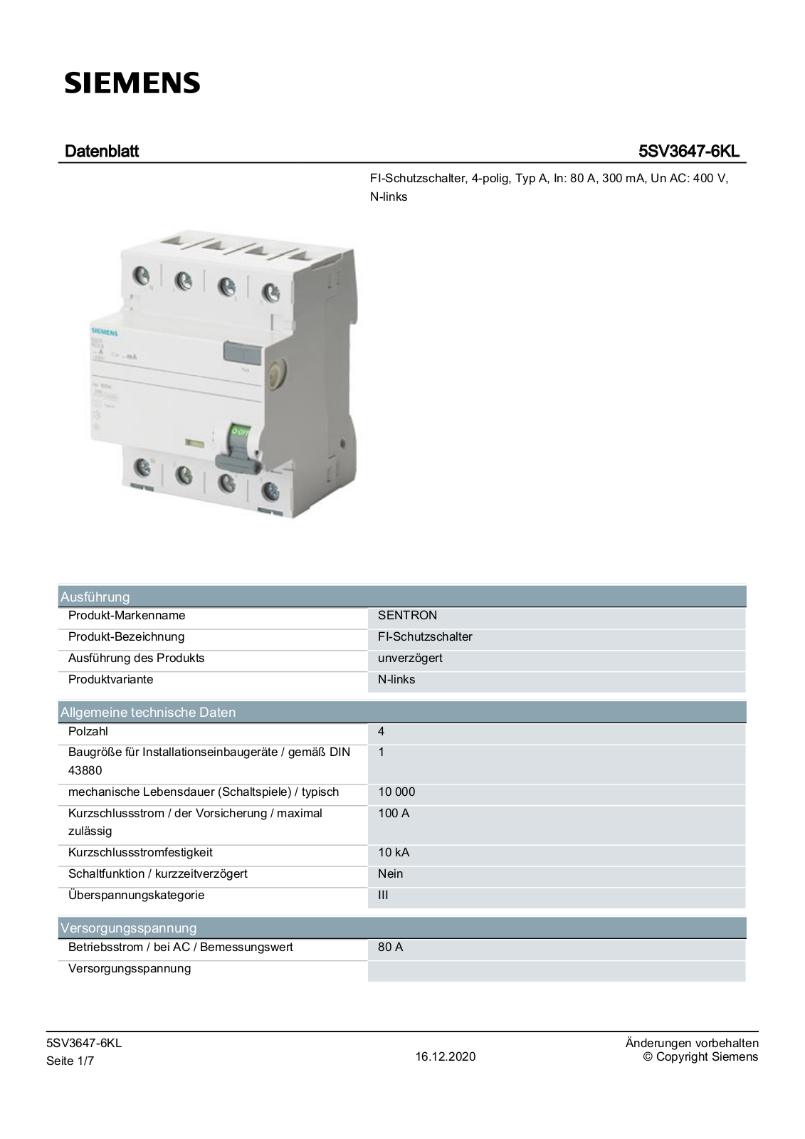 Siemens 5SV3647-6KL Datenblatt