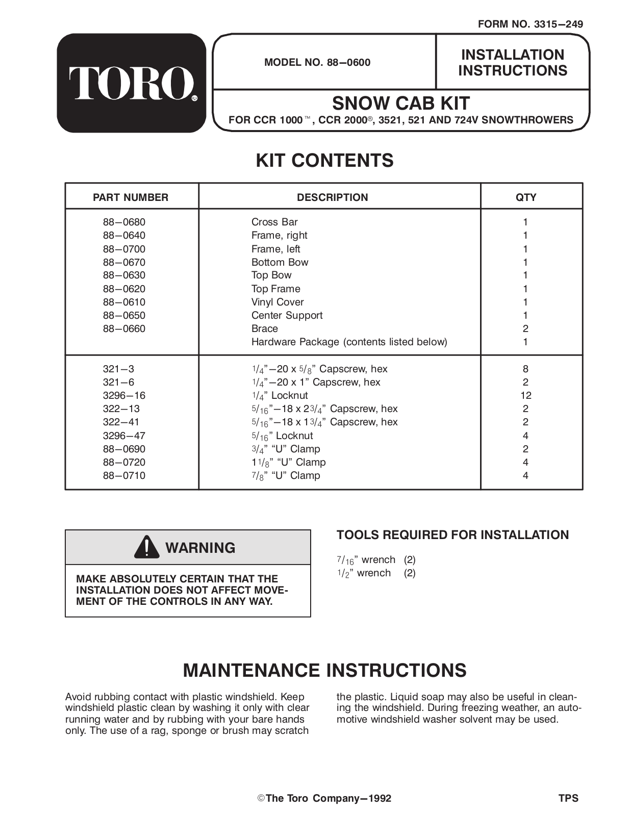 Toro 88-0600 Installation Instructions