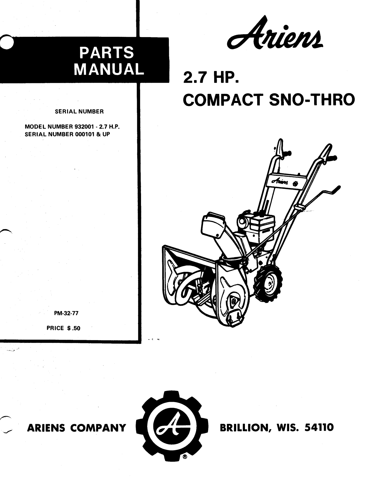 Ariens 932001 - 2.7 H.P User Manual