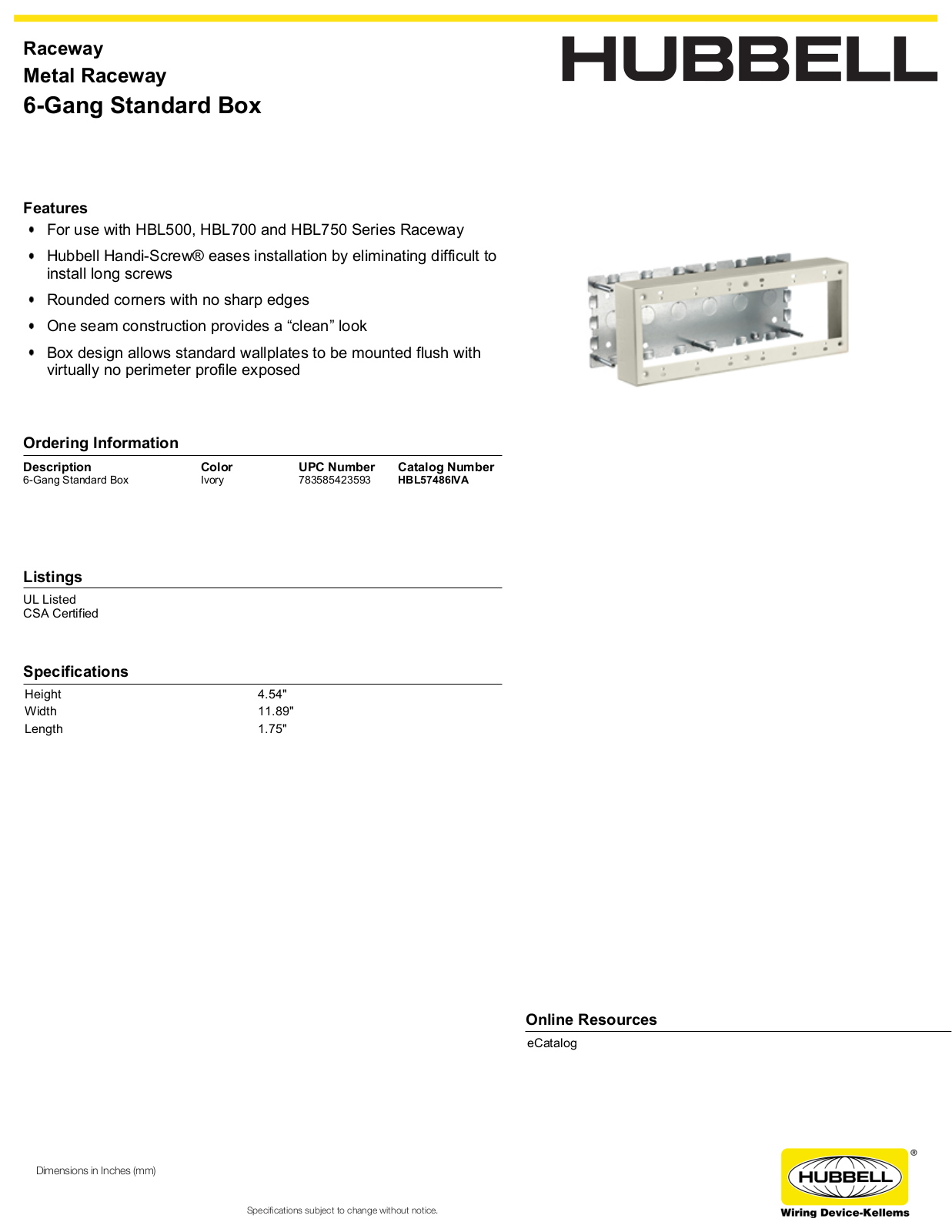 Hubbell HBL57486IVA Specifications