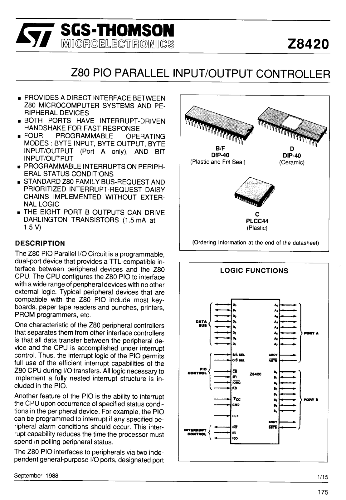 SGS Thomson Microelectronics Z8420AB1, Z8420AC1, Z8420AD1, Z8420AD2, Z8420AD6 Datasheet