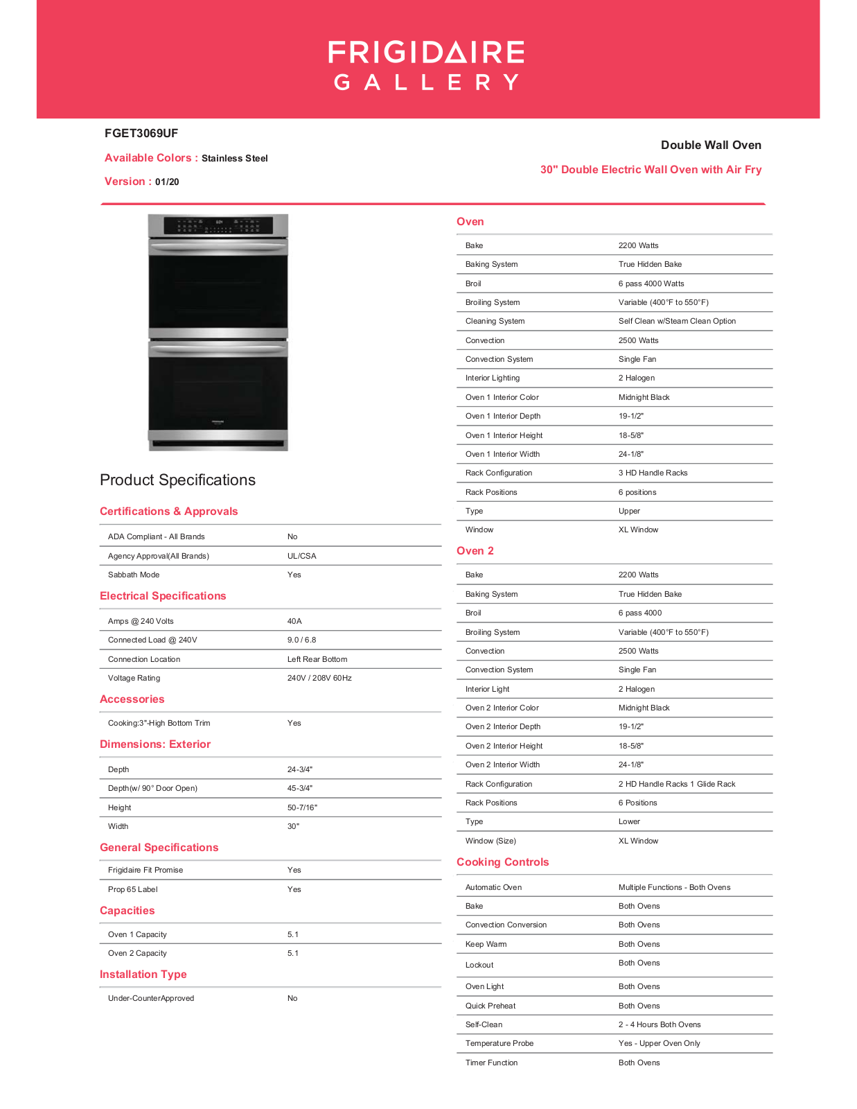 Frigidaire FGET3069UF Specifications