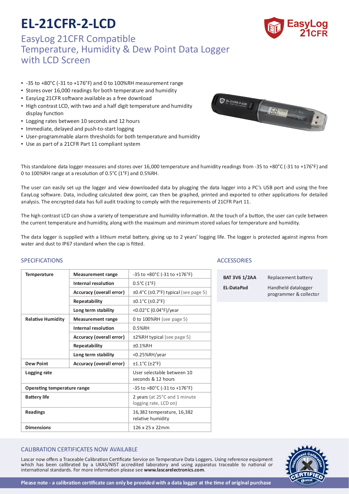 Lascar EL-21CFR-2-LCD Data Sheet