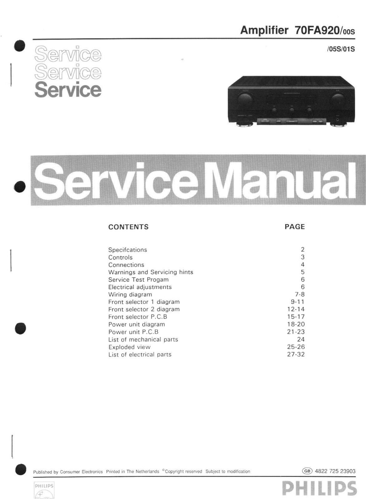 Philips 70FA920-00S, 70FA920-05S, 70FA920-01S Service Manual