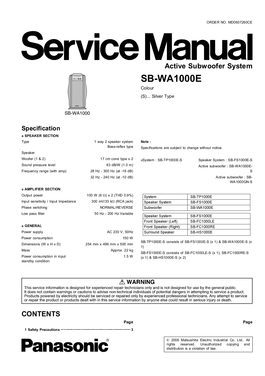 Panasonic SBWA-1000-E Service manual